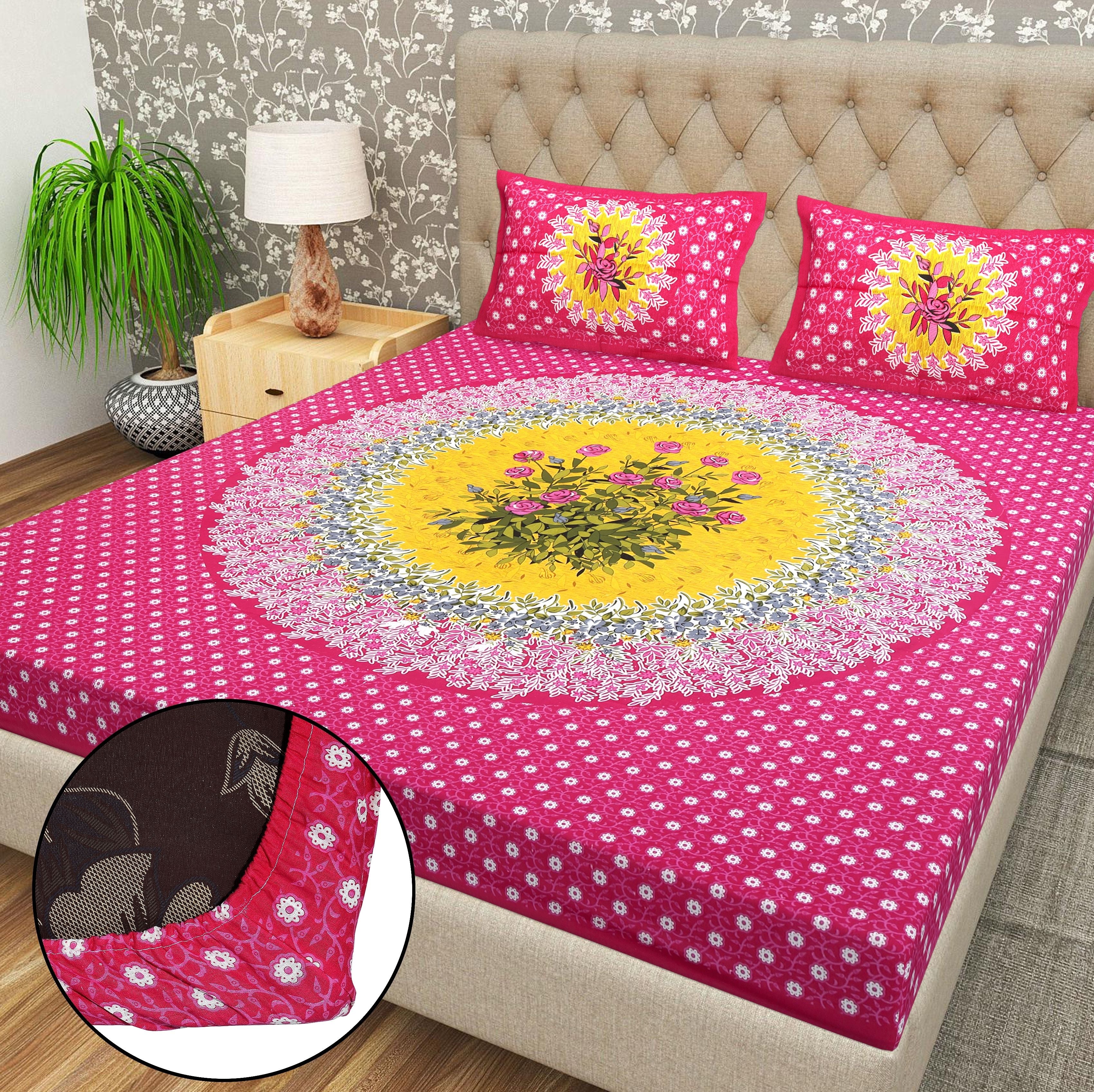 Cotton 144 TC Printed Double Bedsheet with 2 Pillow Covers – Soft & Breathable Flat Bed Sheet (Multicolor)
