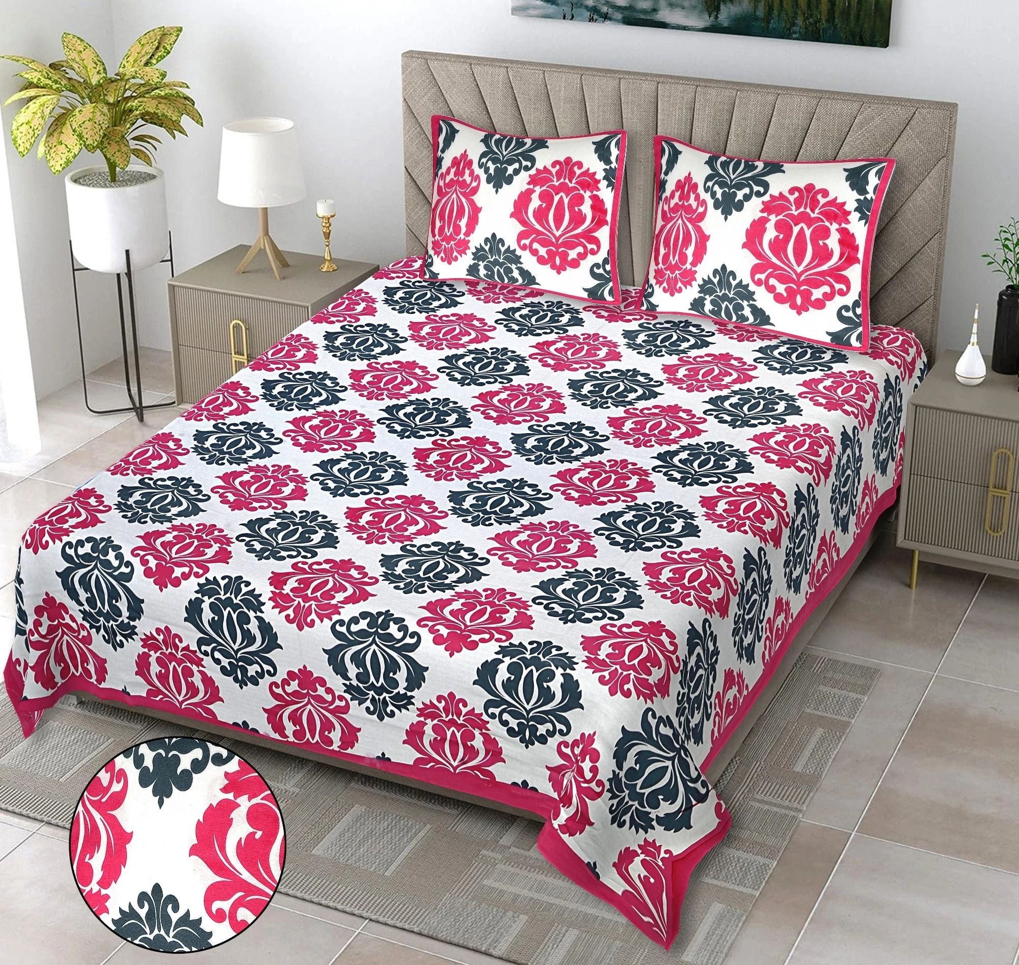 Cotton 144 TC Printed Double Bedsheet with 2 Pillow Covers – Soft & Breathable Flat Bed Sheet (Multicolor)