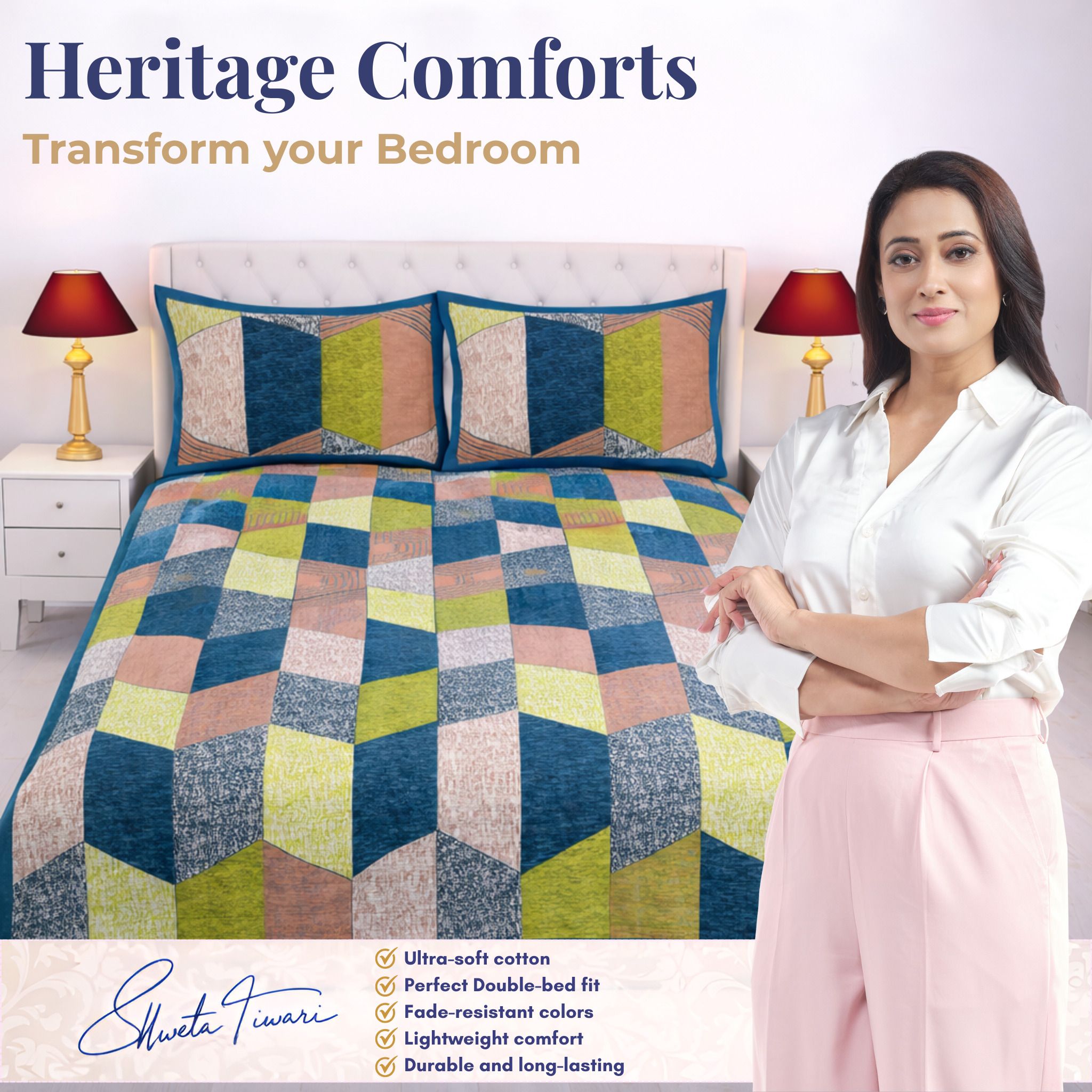 Cotton 144 TC Printed Double Bedsheet with 2 Pillow Covers – Soft & Breathable Flat Bed Sheet (Multicolor)