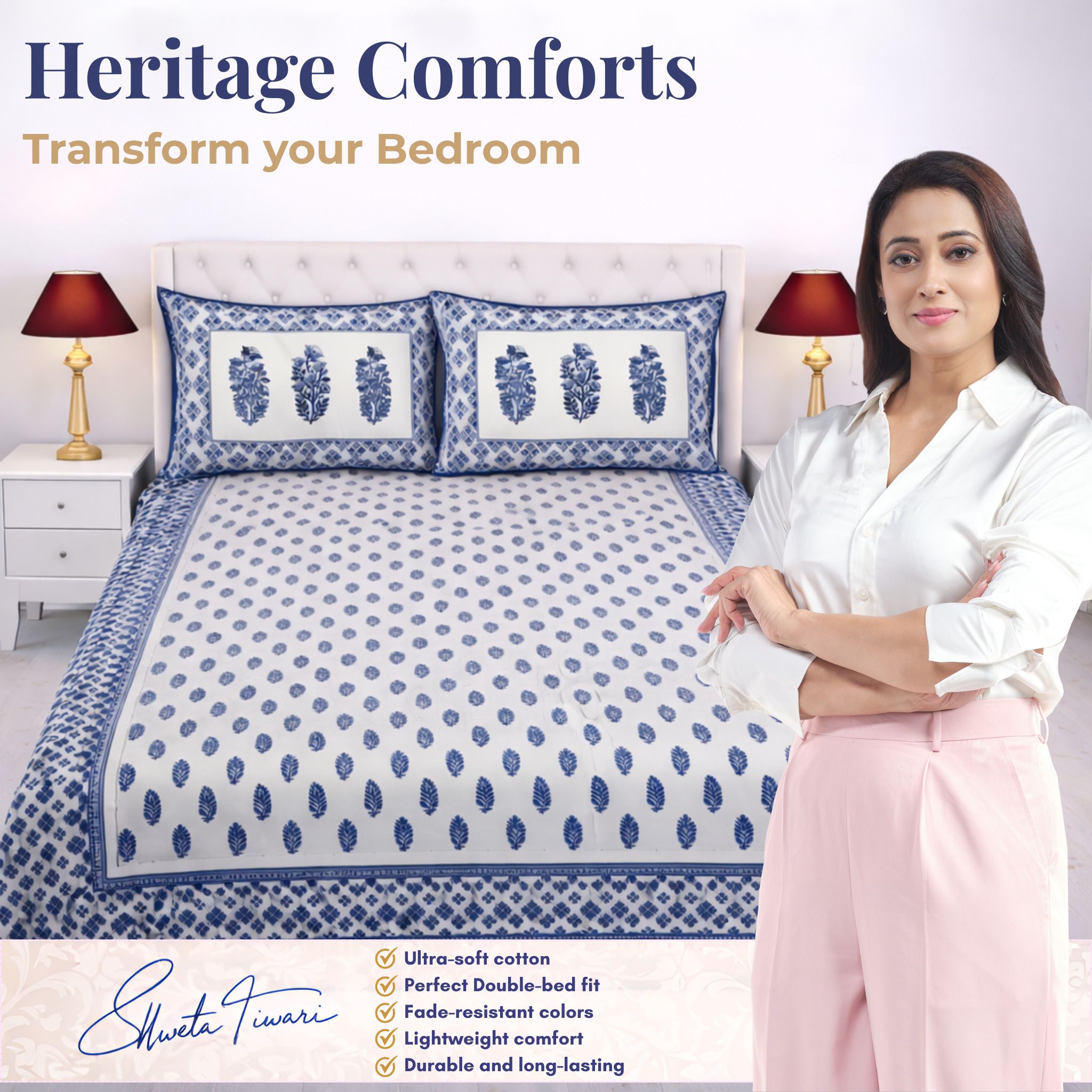 Cotton 144 TC Printed Double Bedsheet with 2 Pillow Covers – Soft & Breathable Flat Bed Sheet (Multicolor)