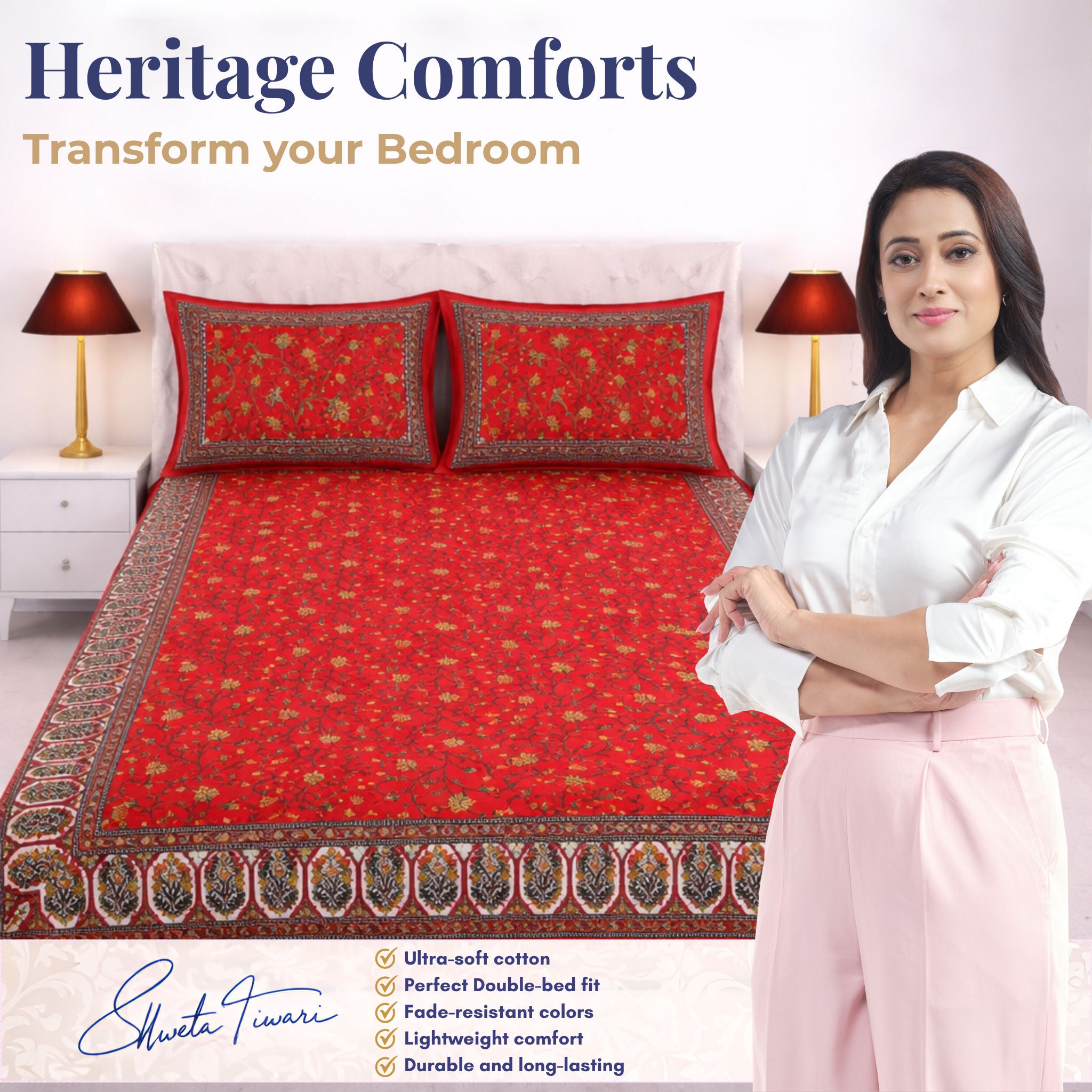 Cotton 144 TC Printed Double Bedsheet with 2 Pillow Covers – Soft & Breathable Flat Bed Sheet (Multicolor)