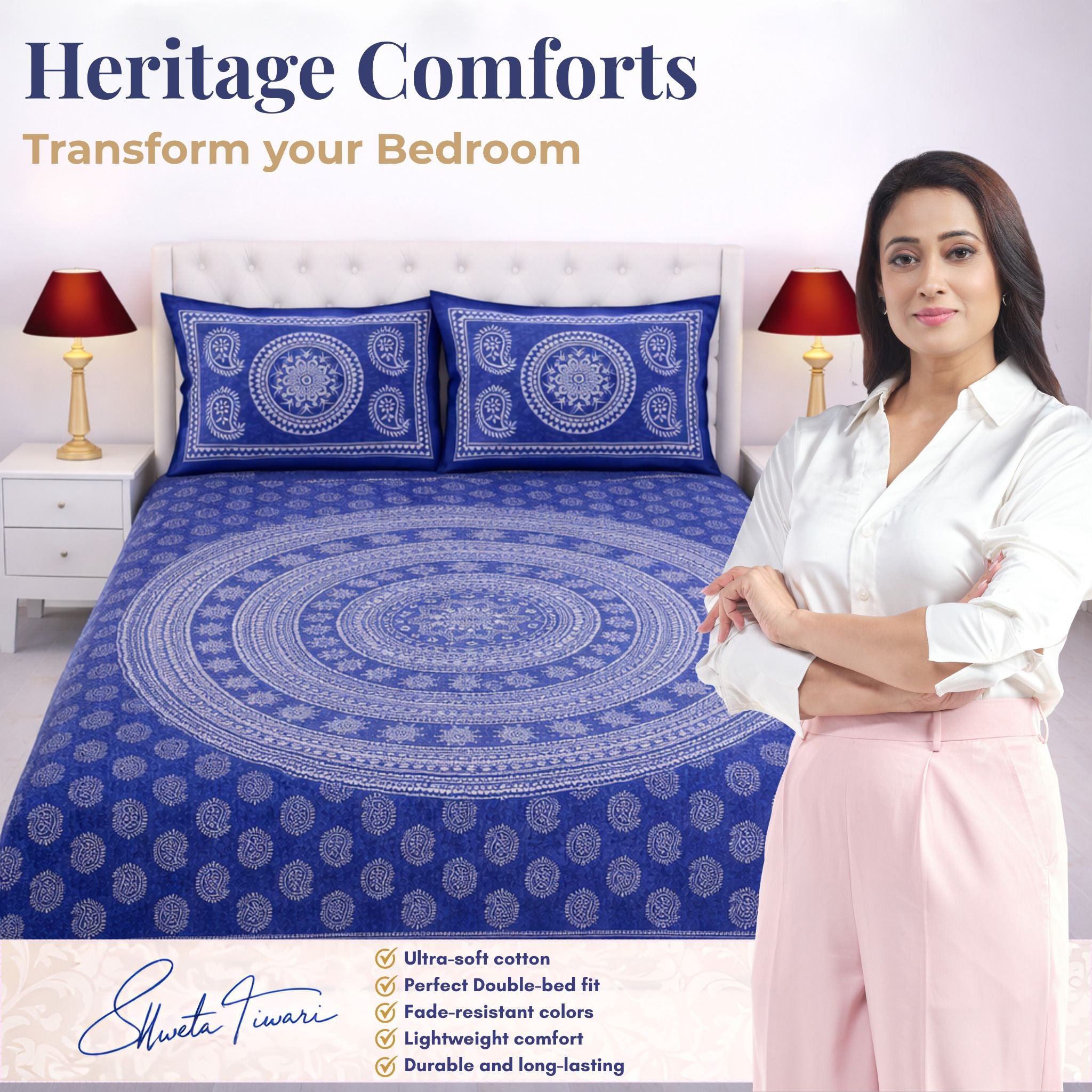 Cotton 144 TC Printed Double Bedsheet with 2 Pillow Covers – Soft & Breathable Flat Bed Sheet (Multicolor)