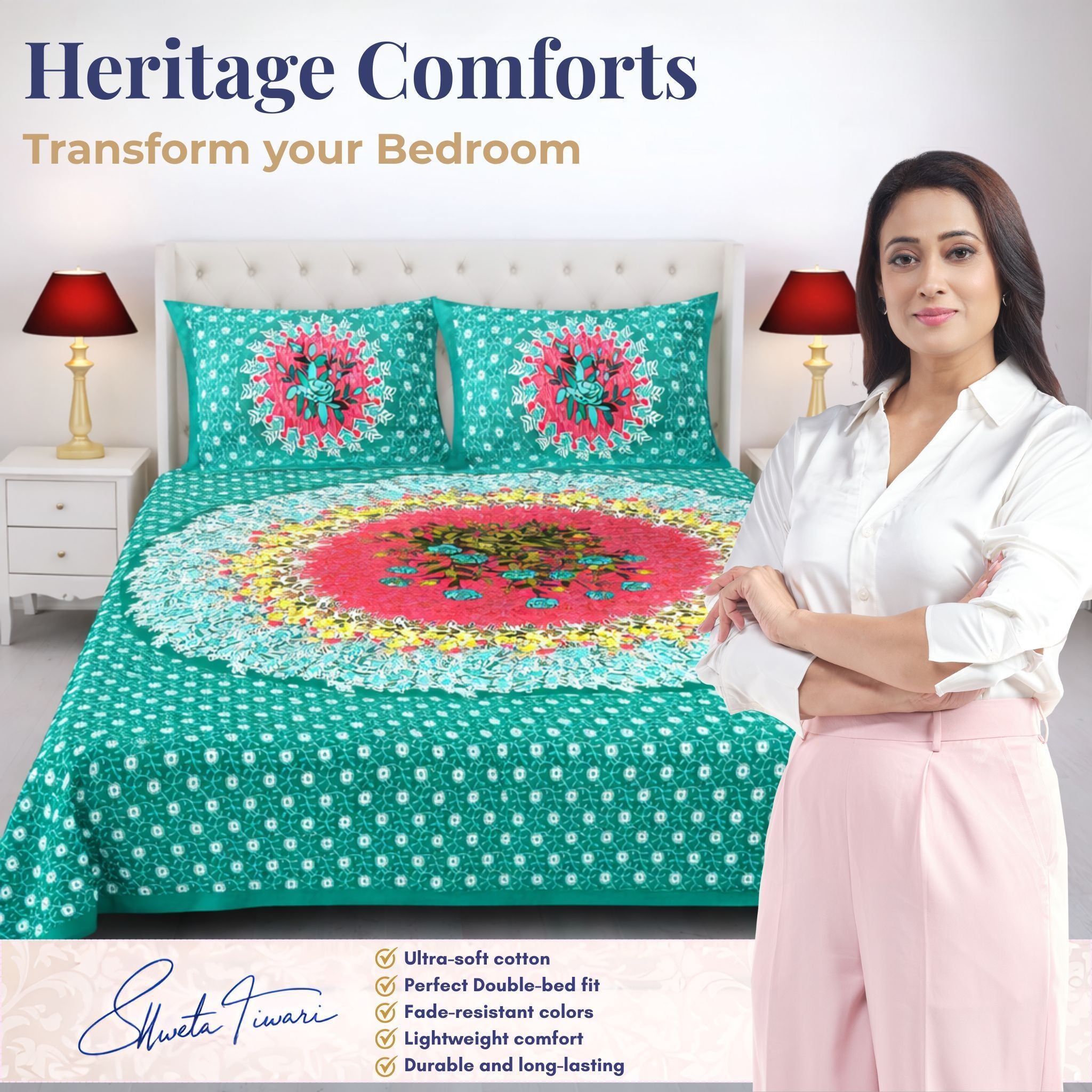 Cotton 144 TC Printed Double Bedsheet with 2 Pillow Covers – Soft & Breathable Flat Bed Sheet (Multicolor)