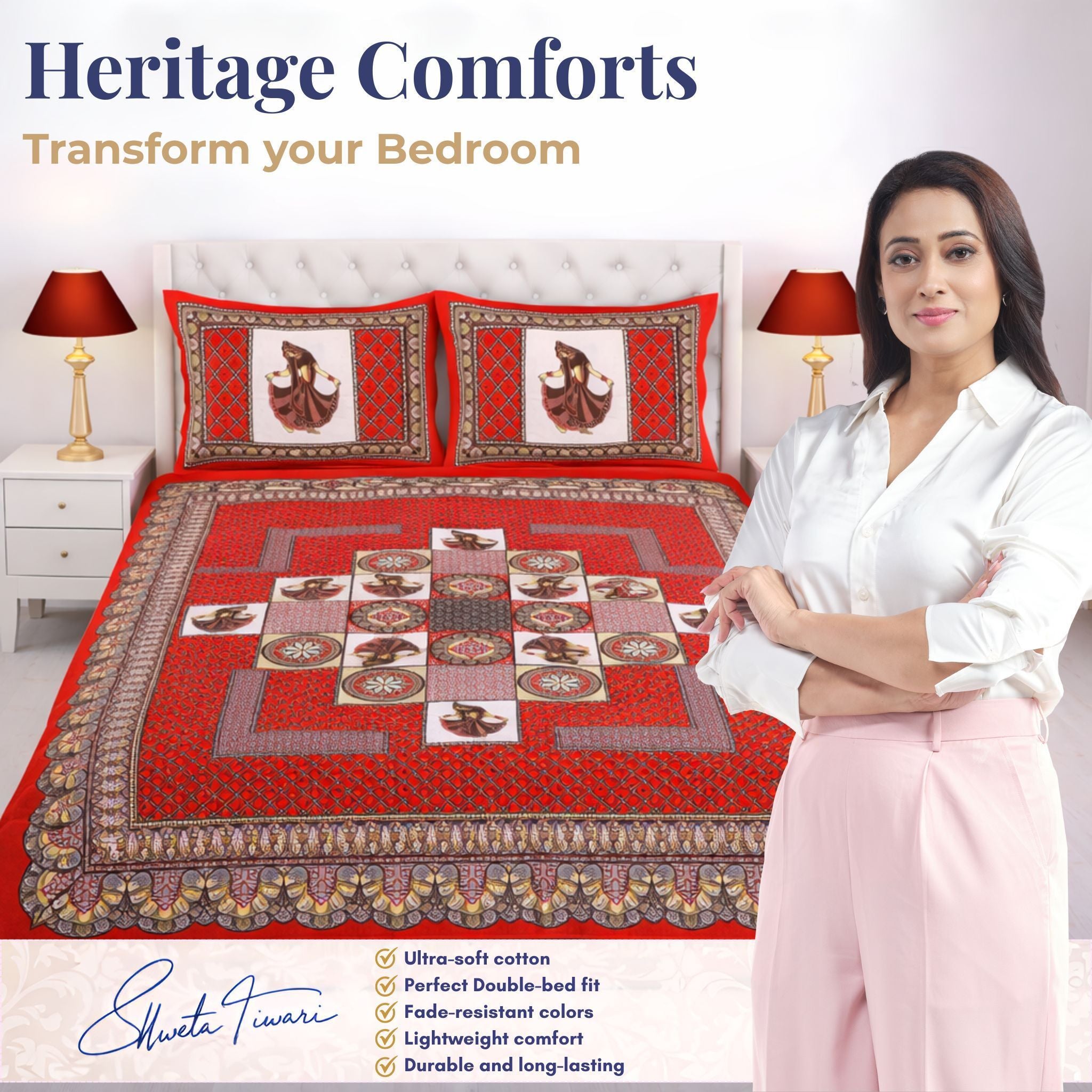 Cotton 144 TC Printed Double Bedsheet with 2 Pillow Covers – Soft & Breathable Flat Bed Sheet (Multicolor)