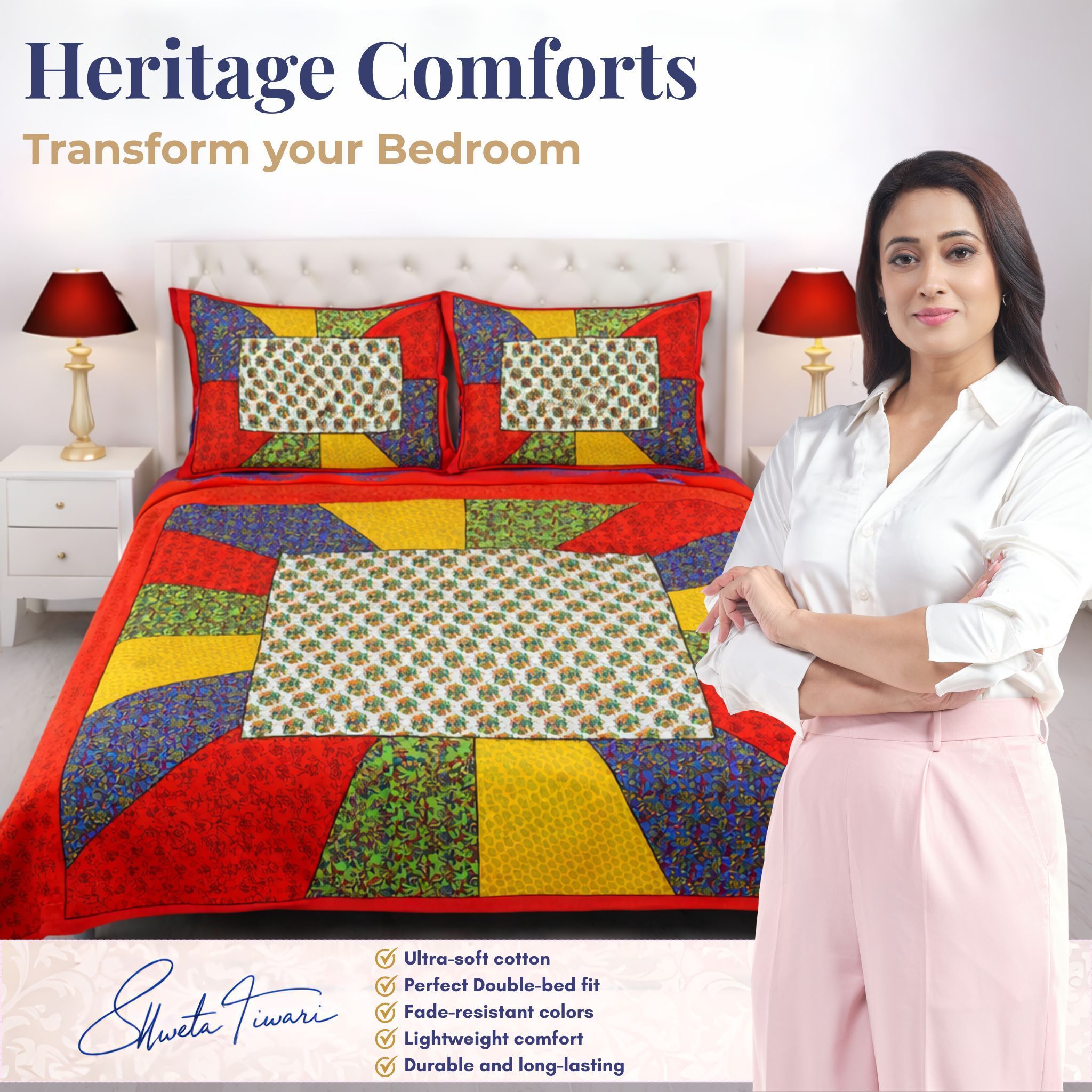 Cotton 144 TC Printed Double Bedsheet with 2 Pillow Covers – Soft & Breathable Flat Bed Sheet (Multicolor)