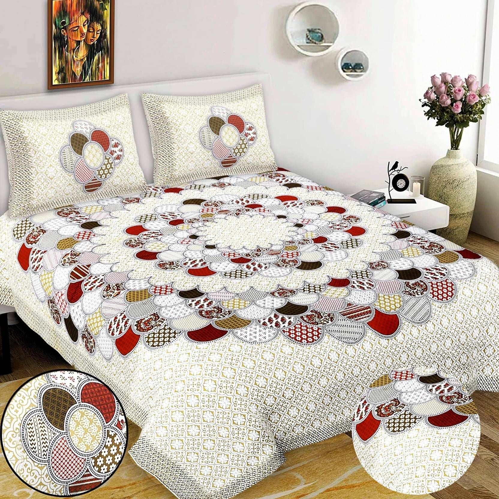 Cotton 144 TC Printed Double Bedsheet with 2 Pillow Covers – Soft & Breathable Flat Bed Sheet (Multicolor)