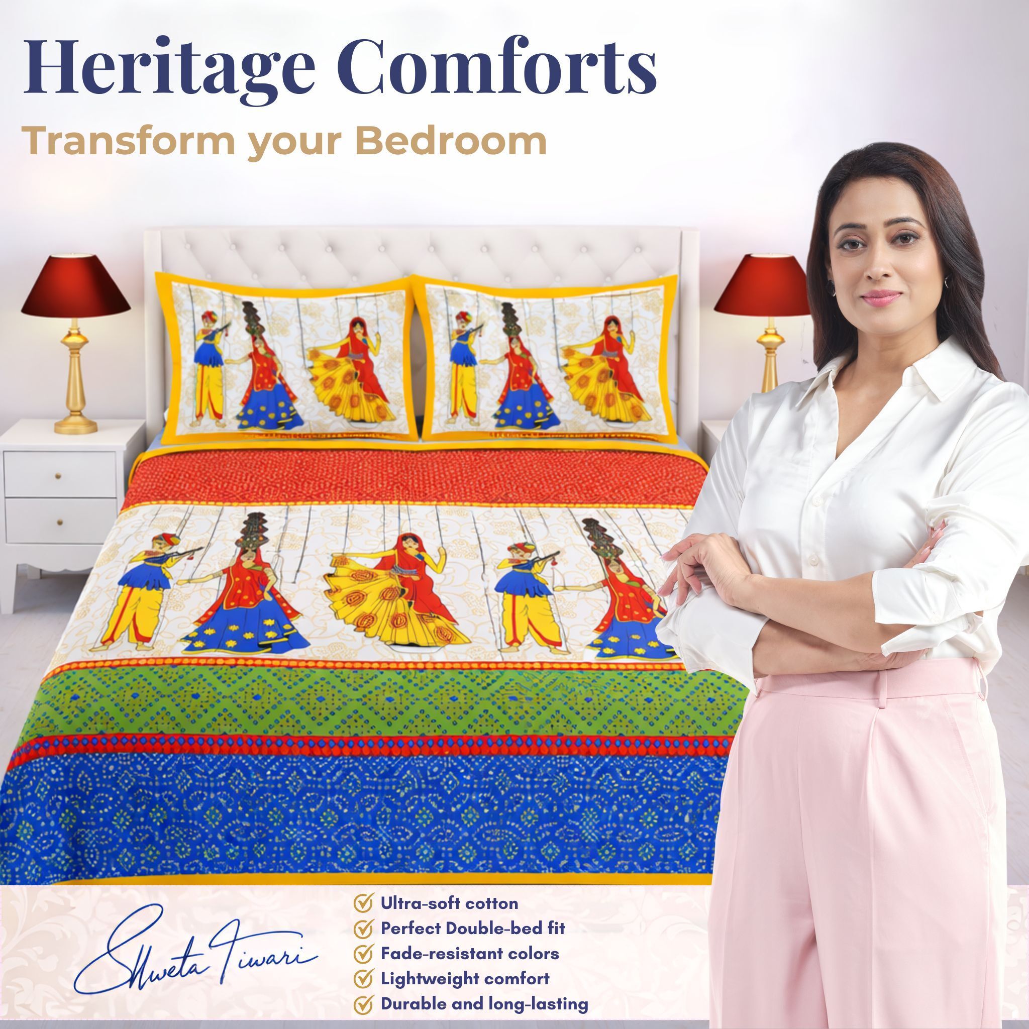 Cotton 144 TC Printed Double Bedsheet with 2 Pillow Covers – Soft & Breathable Flat Bed Sheet (Multicolor)