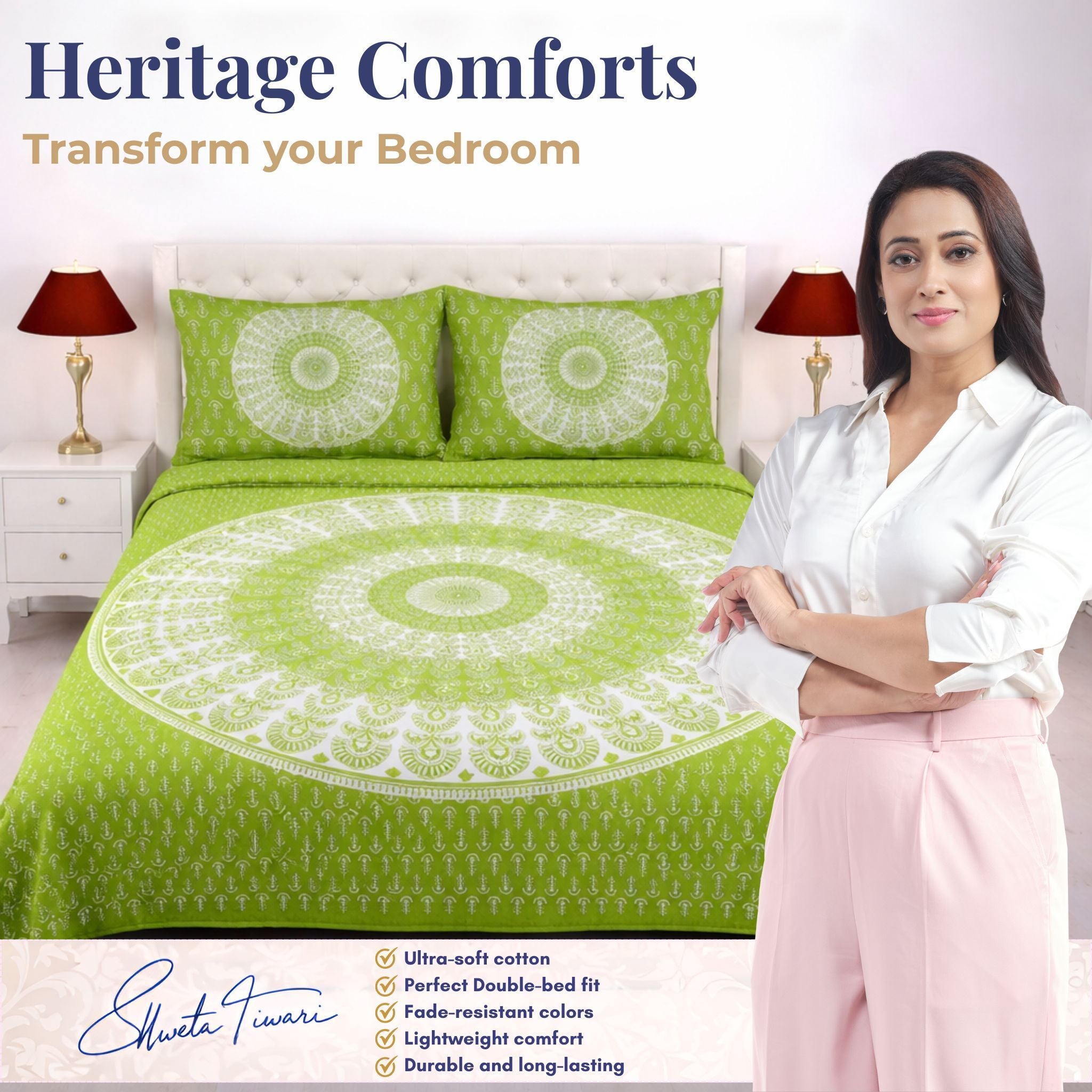 Cotton 144 TC Printed Double Bedsheet with 2 Pillow Covers – Soft & Breathable Flat Bed Sheet (Multicolor)