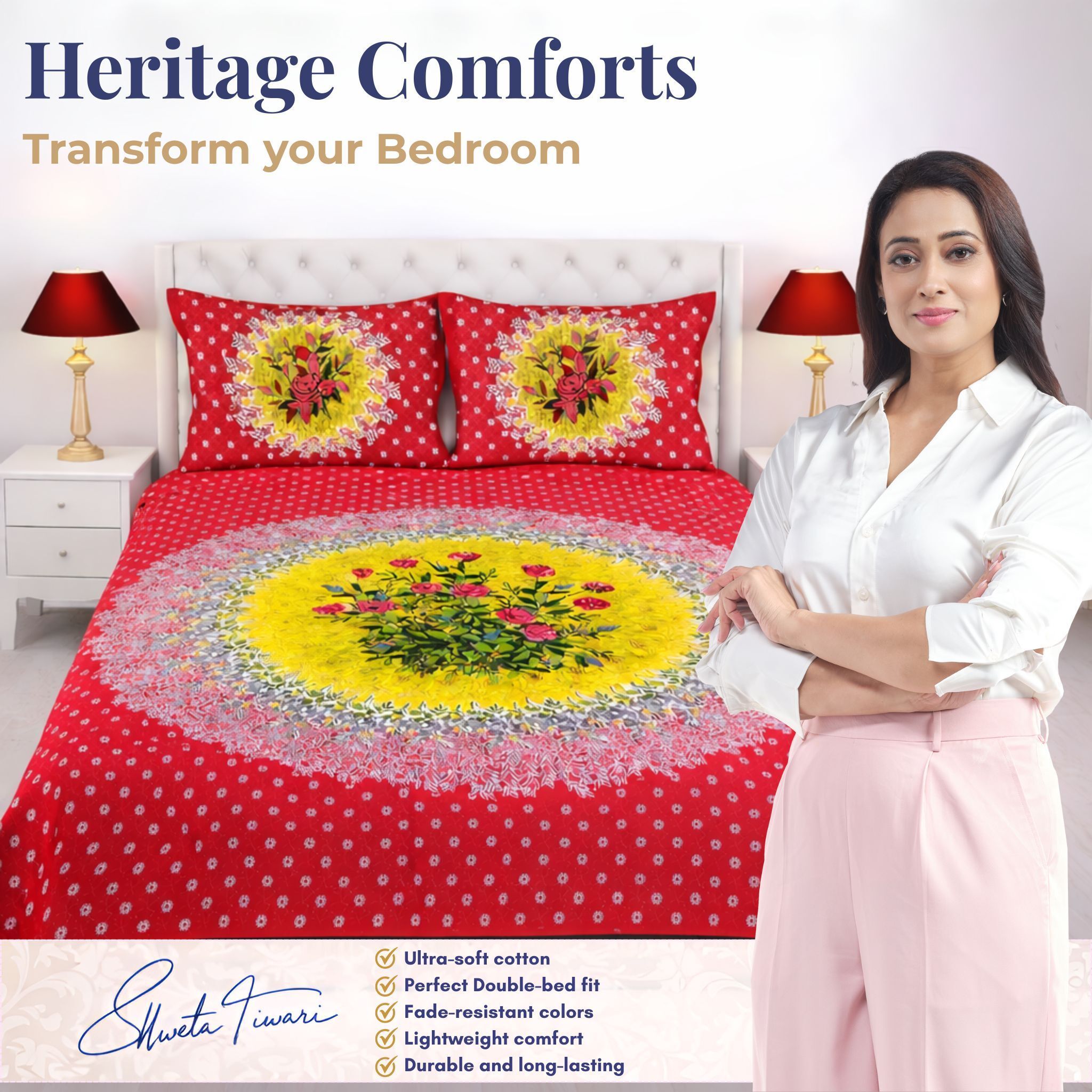 Cotton 144 TC Printed Double Bedsheet with 2 Pillow Covers – Soft & Breathable Flat Bed Sheet (Multicolor)