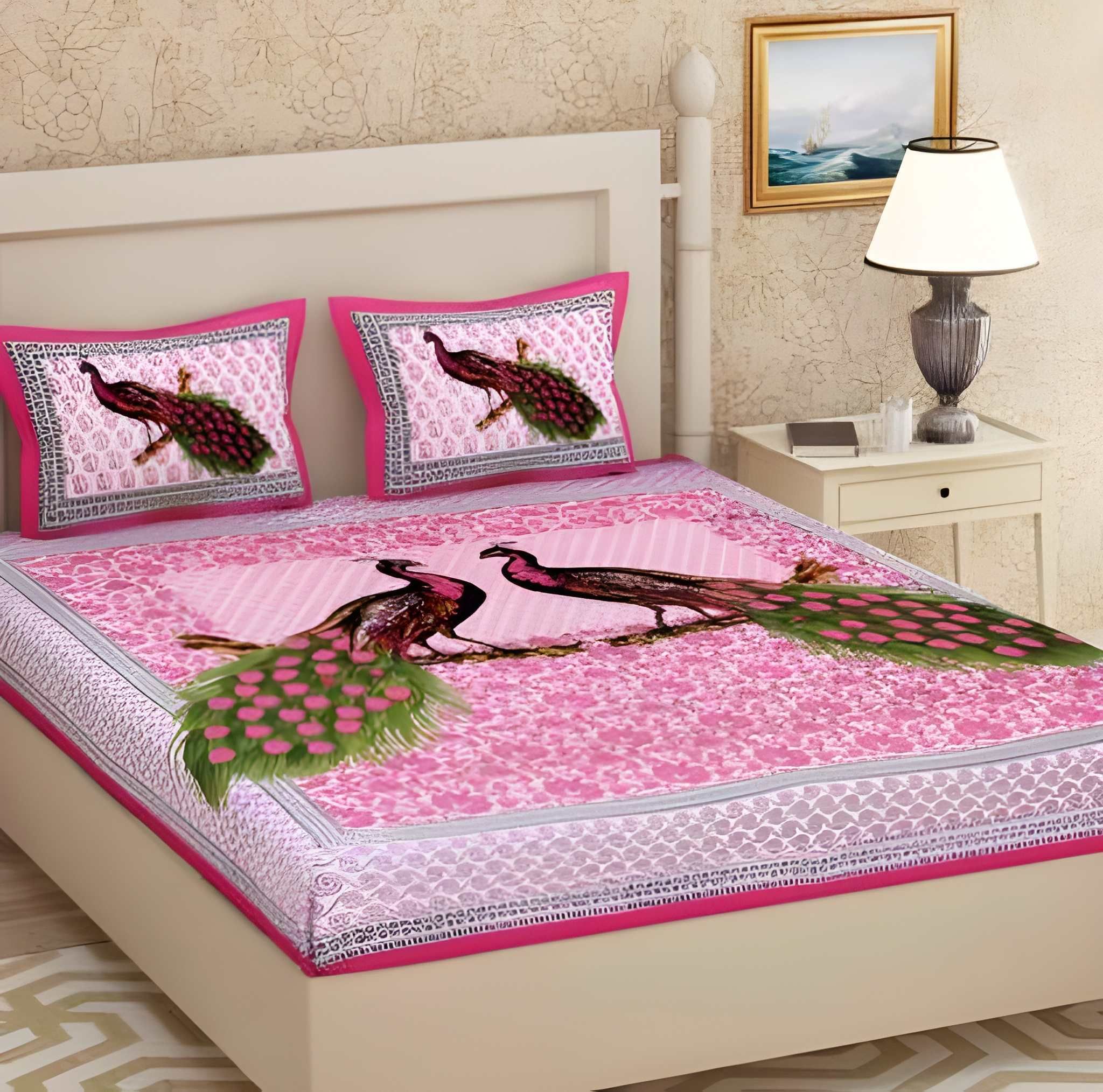 Cotton 144 TC Printed Double Bedsheet with 2 Pillow Covers – Soft & Breathable Flat Bed Sheet (Multicolor)