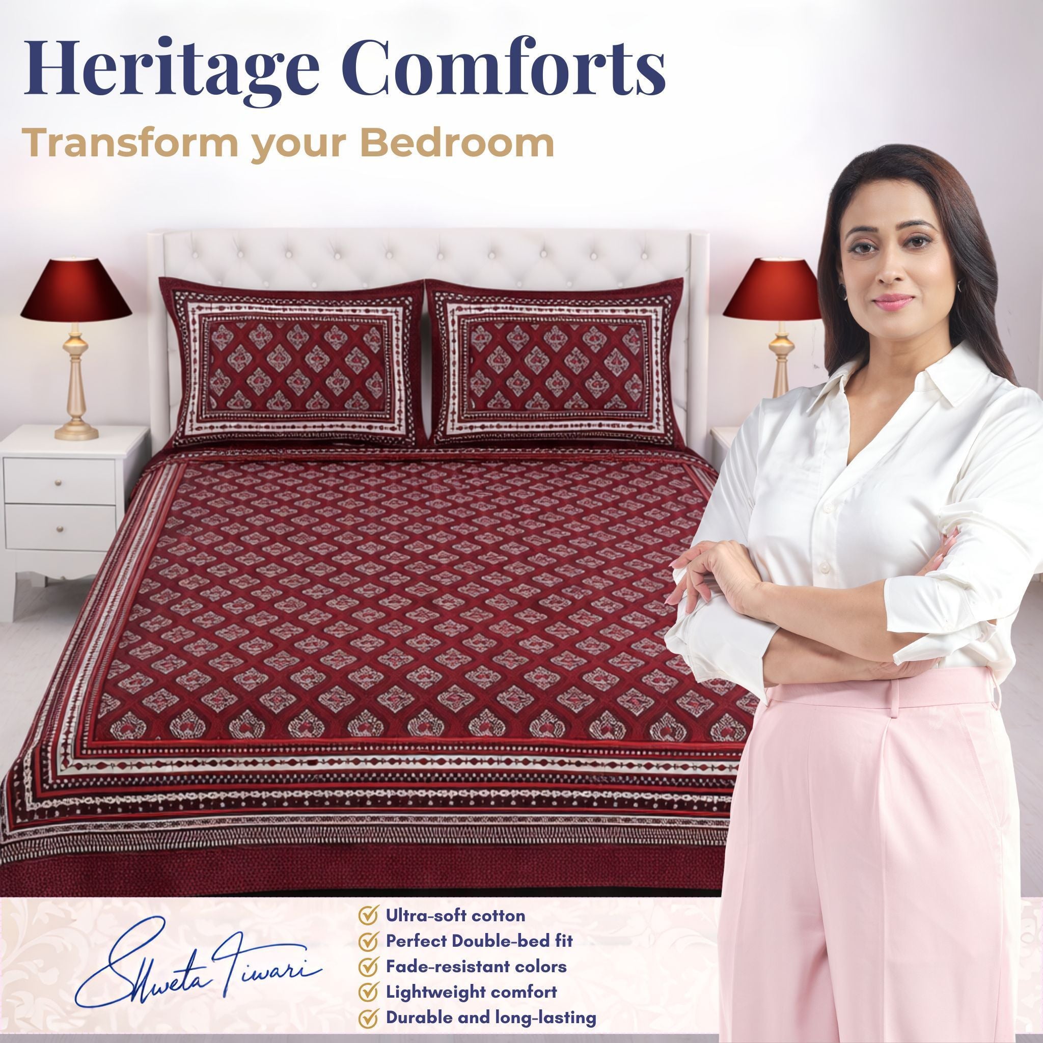 Cotton 144 TC Printed Double Bedsheet with 2 Pillow Covers – Soft & Breathable Flat Bed Sheet (Multicolor)