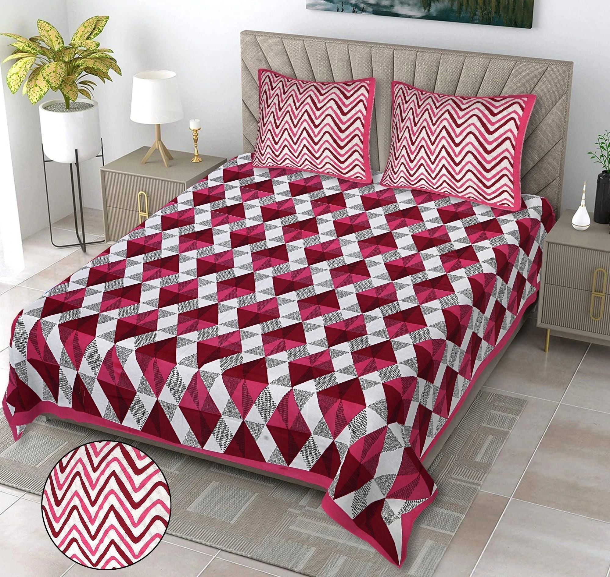 Cotton 144 TC Printed Double Bedsheet with 2 Pillow Covers – Soft & Breathable Flat Bed Sheet (Multicolor)