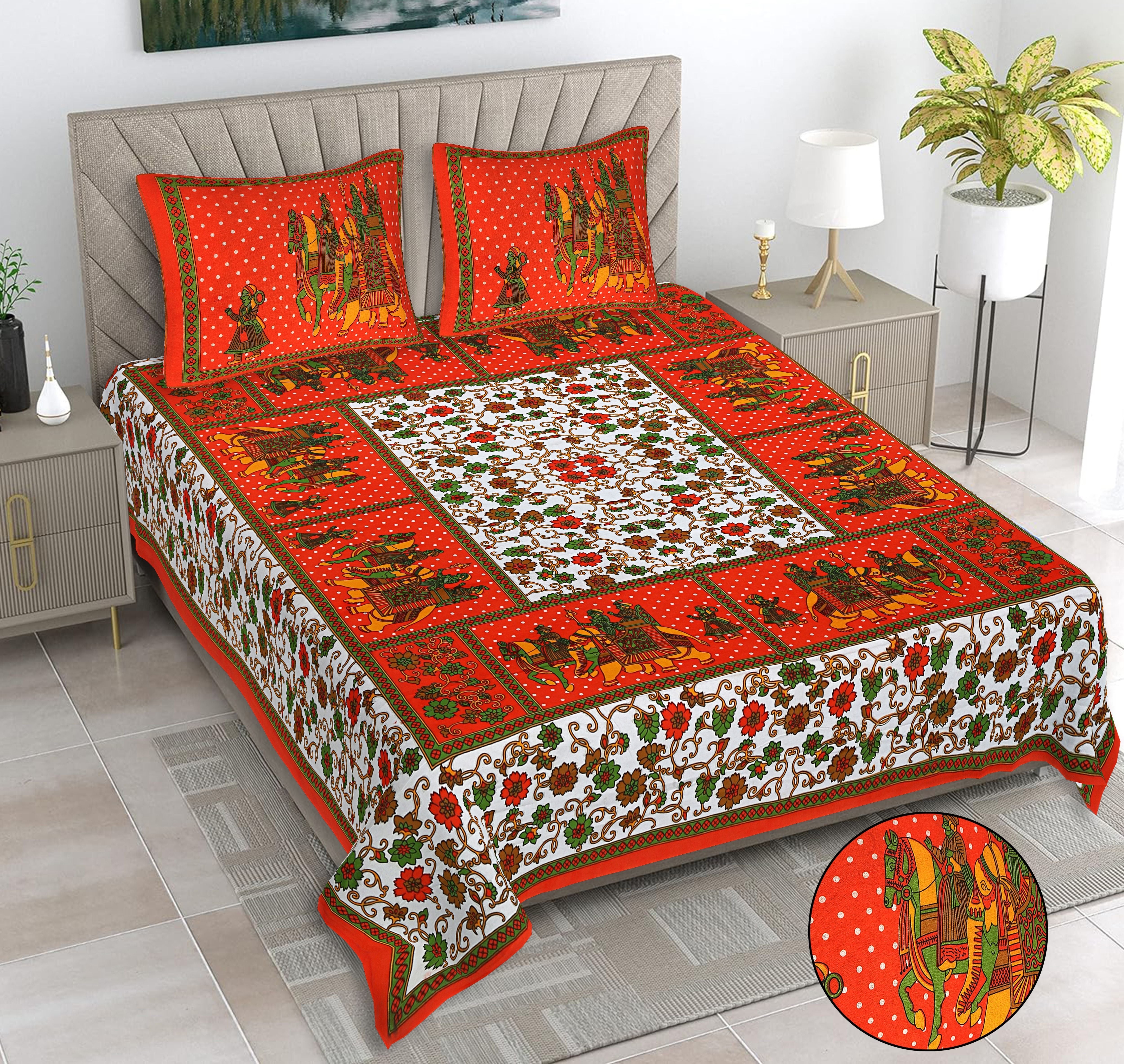 Cotton 144 TC Printed Double Bedsheet with 2 Pillow Covers – Soft & Breathable Flat Bed Sheet (Multicolor)