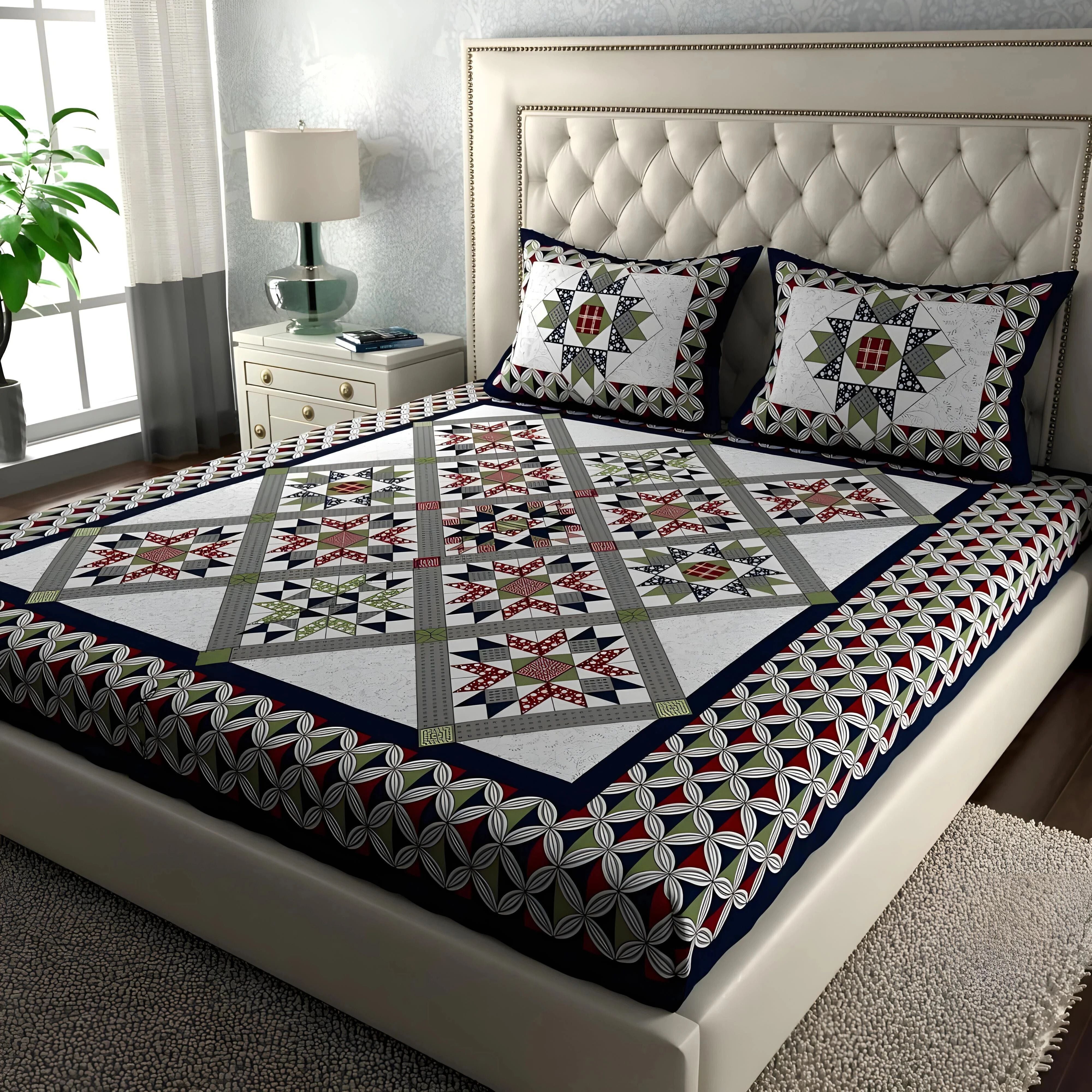 Cotton 144 TC Printed Double Bedsheet with 2 Pillow Covers – Soft & Breathable Flat Bed Sheet (Multicolor)