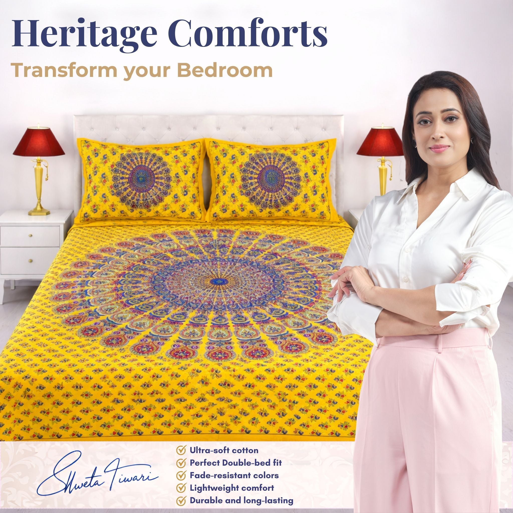 Cotton 144 TC Printed Double Bedsheet with 2 Pillow Covers – Soft & Breathable Flat Bed Sheet (Multicolor)