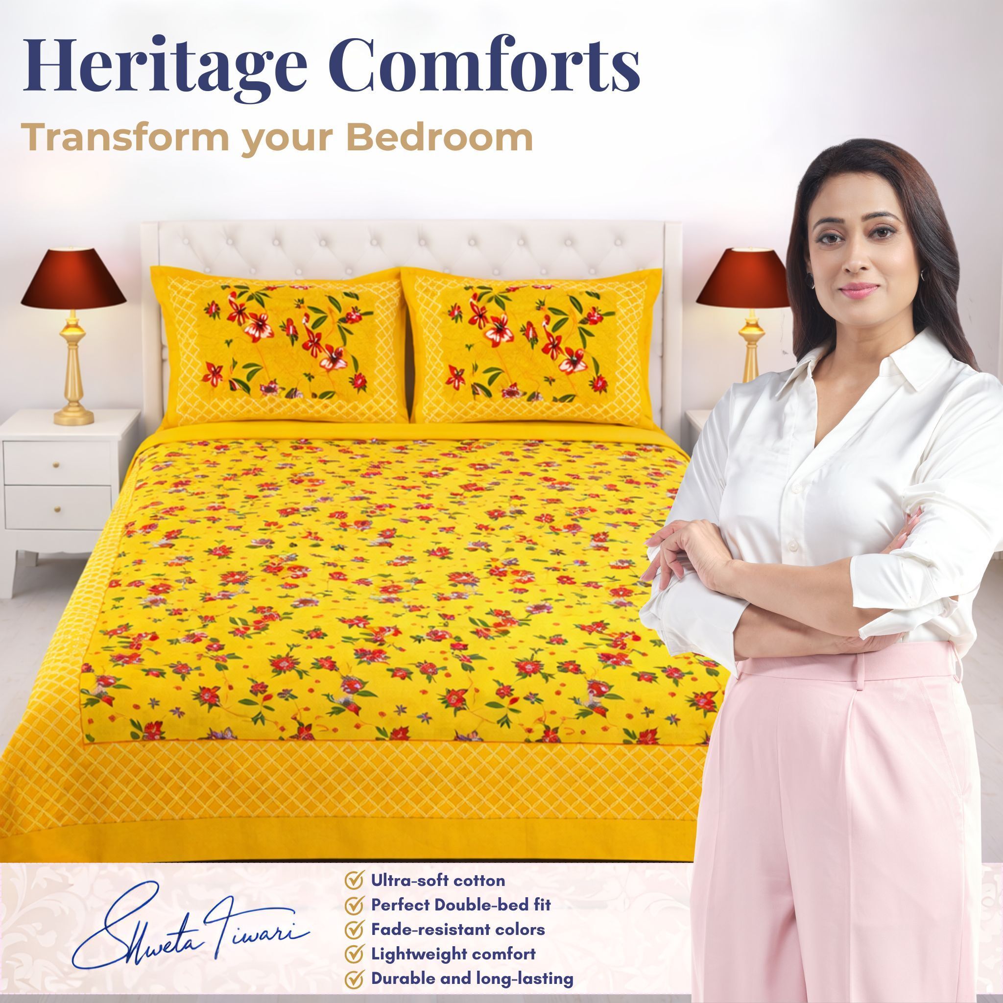 Cotton 144 TC Printed Double Bedsheet with 2 Pillow Covers – Soft & Breathable Flat Bed Sheet (Multicolor)