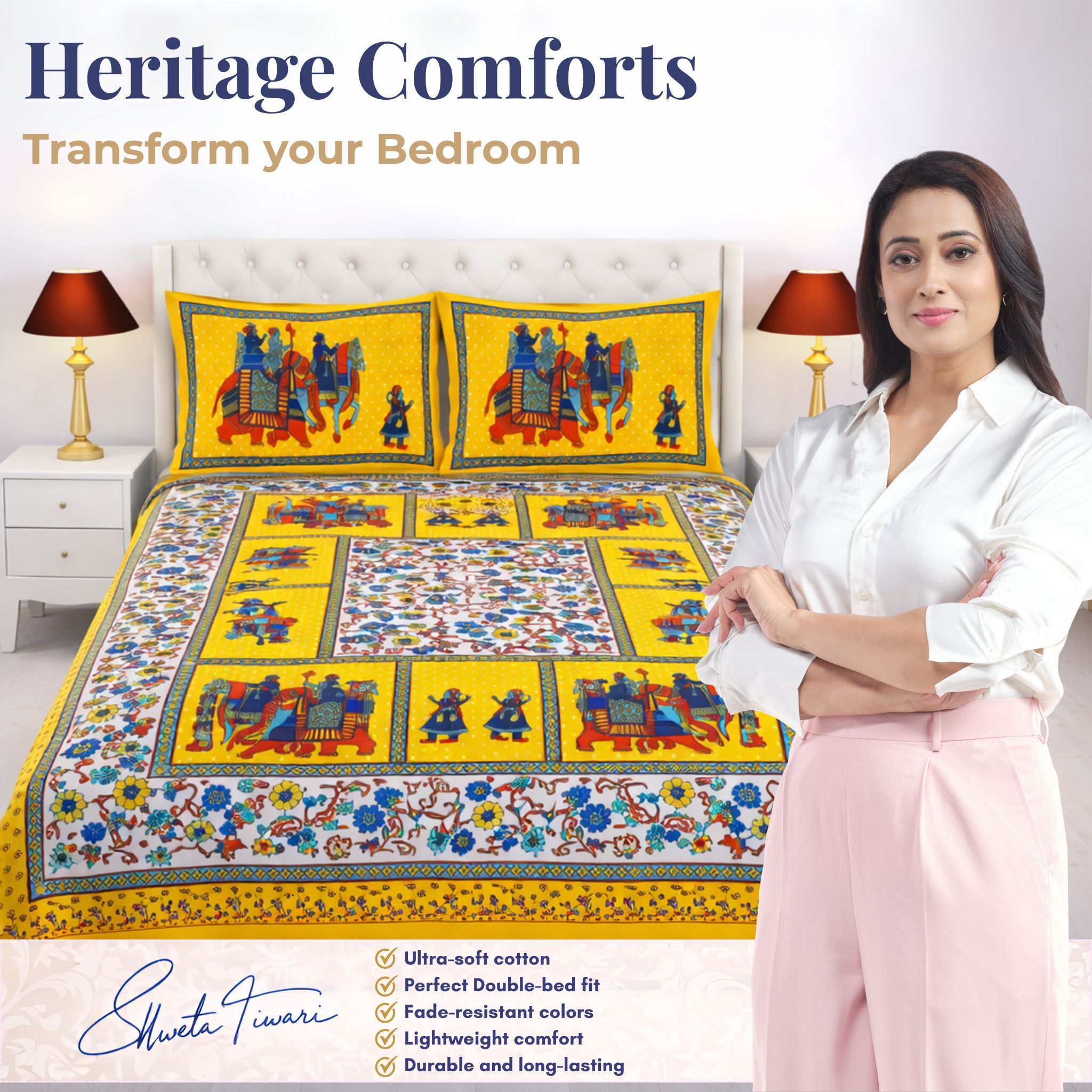 Cotton 144 TC Printed Double Bedsheet with 2 Pillow Covers – Soft & Breathable Flat Bed Sheet (Multicolor)