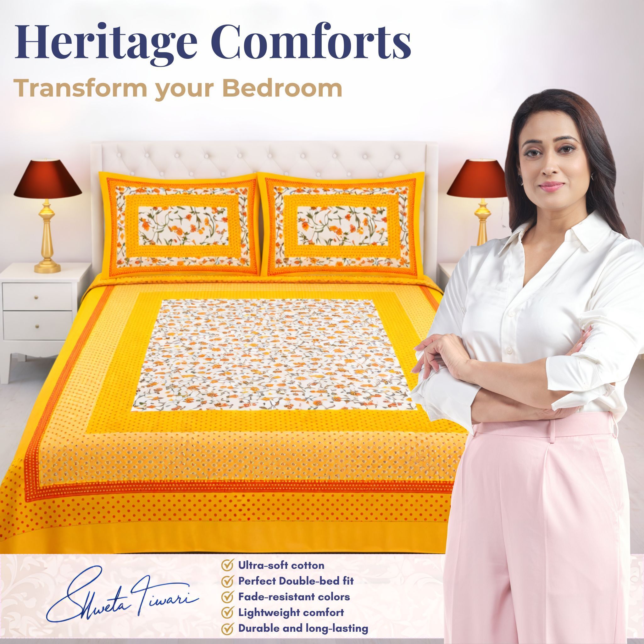 Cotton 144 TC Printed Double Bedsheet with 2 Pillow Covers – Soft & Breathable Flat Bed Sheet (Multicolor)