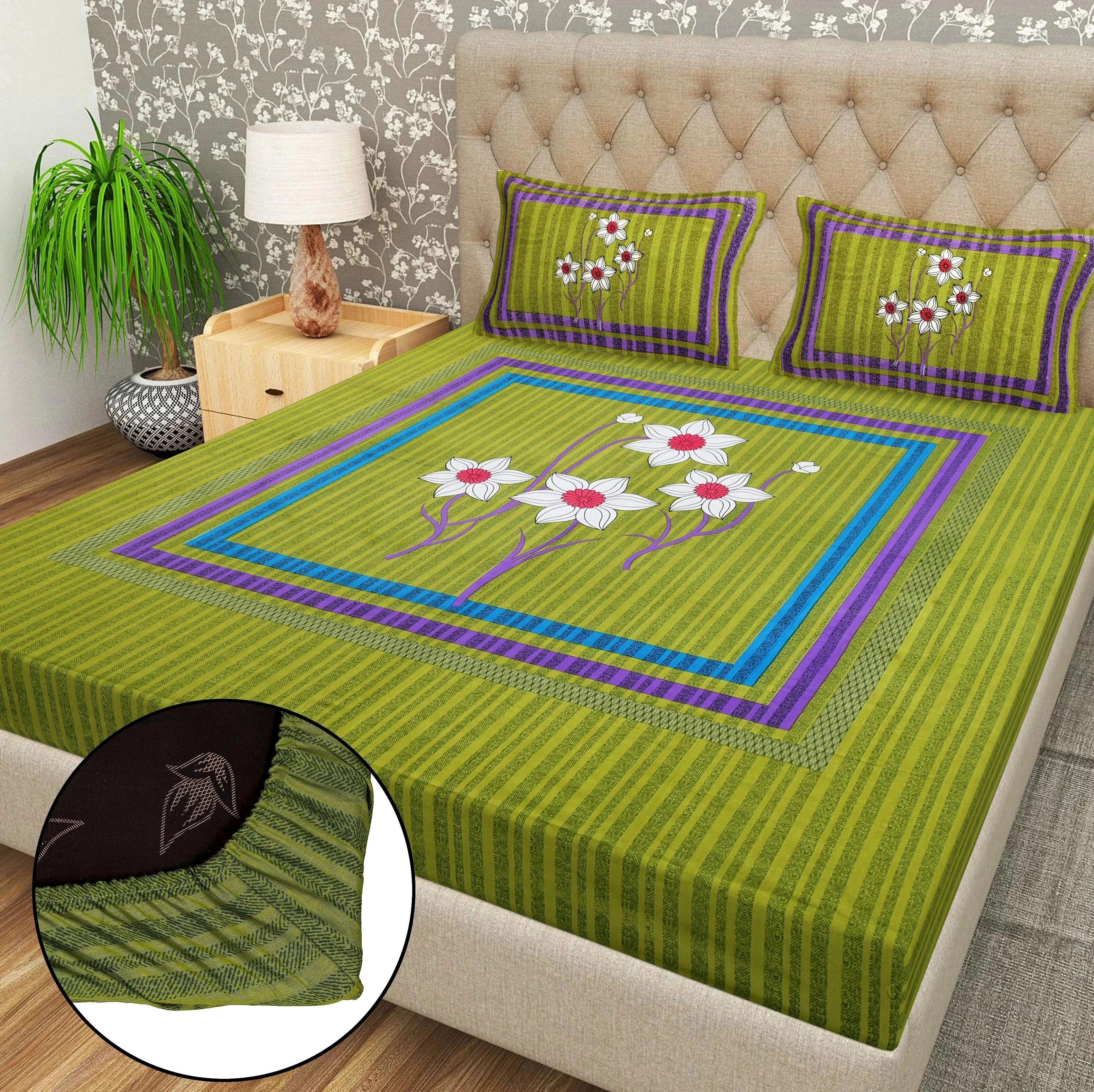 Cotton 144 TC Printed Double Bedsheet with 2 Pillow Covers – Soft & Breathable Flat Bed Sheet (Multicolor)