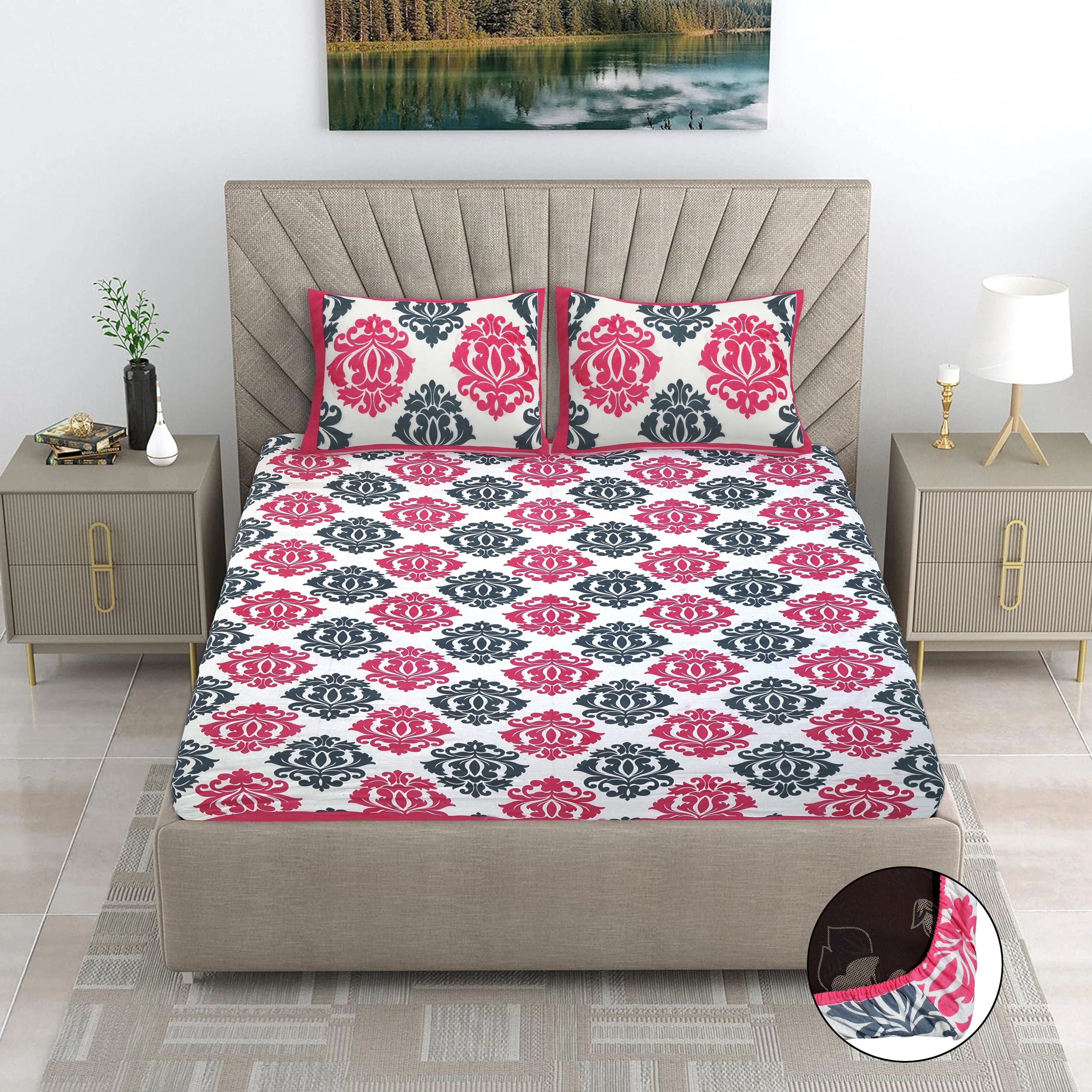 Cotton 144 TC Printed Double Bedsheet with 2 Pillow Covers – Soft & Breathable Flat Bed Sheet (Multicolor)