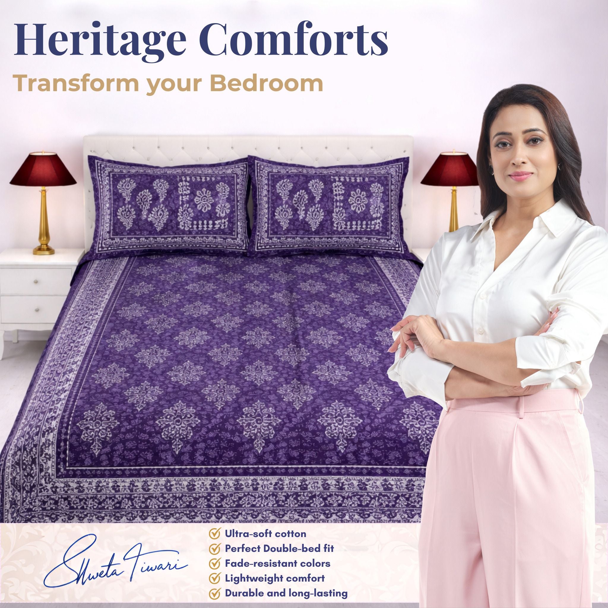 Cotton 144 TC Printed Double Bedsheet with 2 Pillow Covers – Soft & Breathable Flat Bed Sheet (Multicolor)