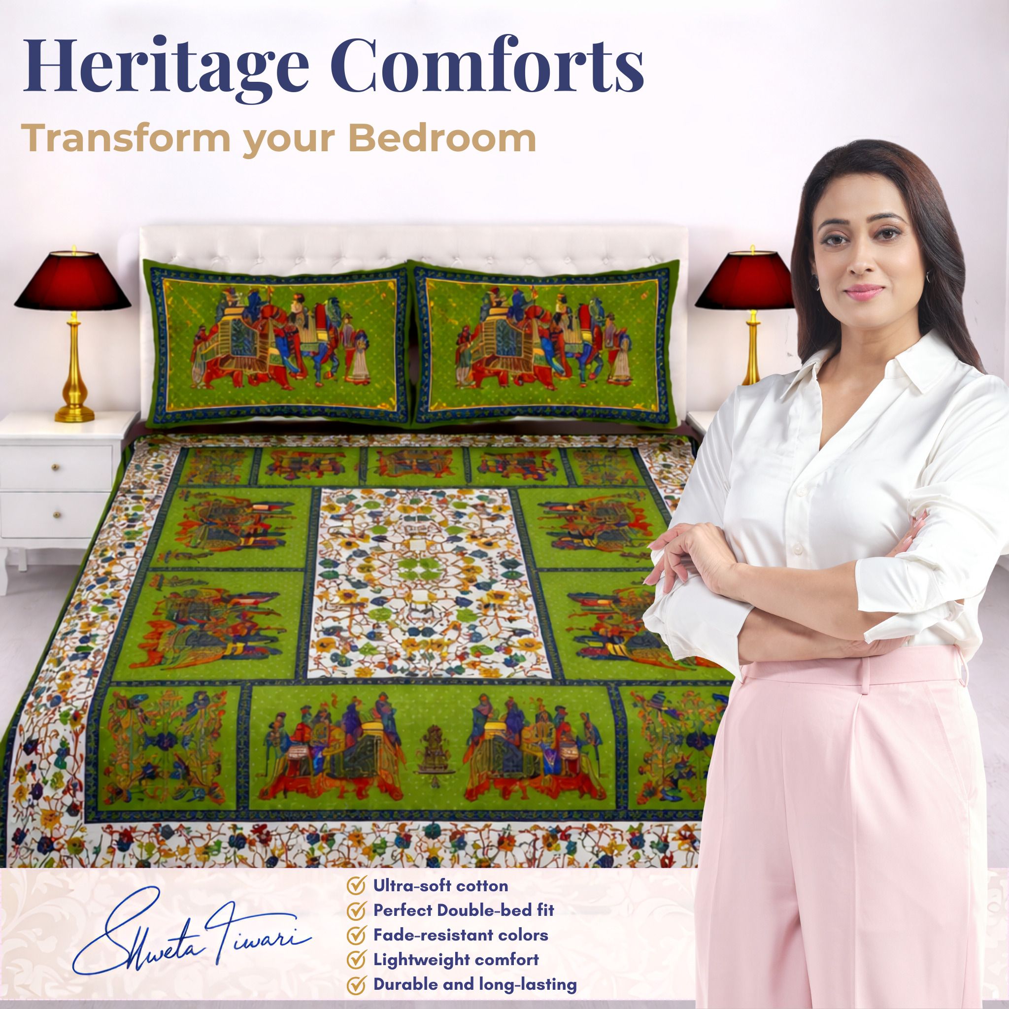 Cotton 144 TC Printed Double Bedsheet with 2 Pillow Covers – Soft & Breathable Flat Bed Sheet (Multicolor)