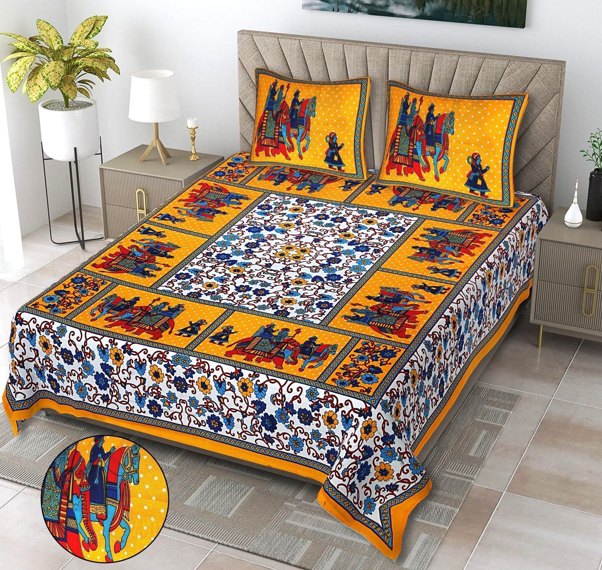Cotton 144 TC Printed Double Bedsheet with 2 Pillow Covers – Soft & Breathable Flat Bed Sheet (Multicolor)