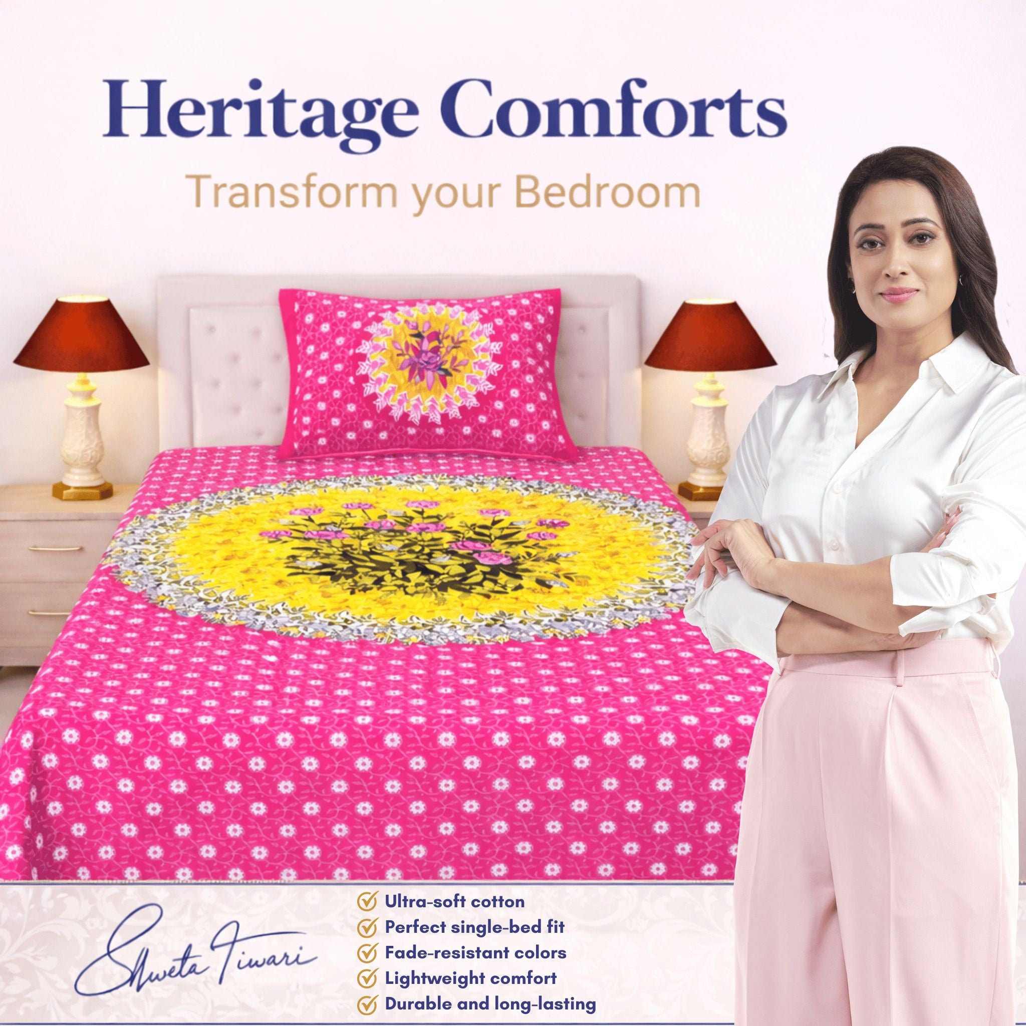 Cotton 144 TC Printed Single Bedsheet with 1 Pillow Cover – Soft & Breathable Flat Bed Sheet (Multicolor)