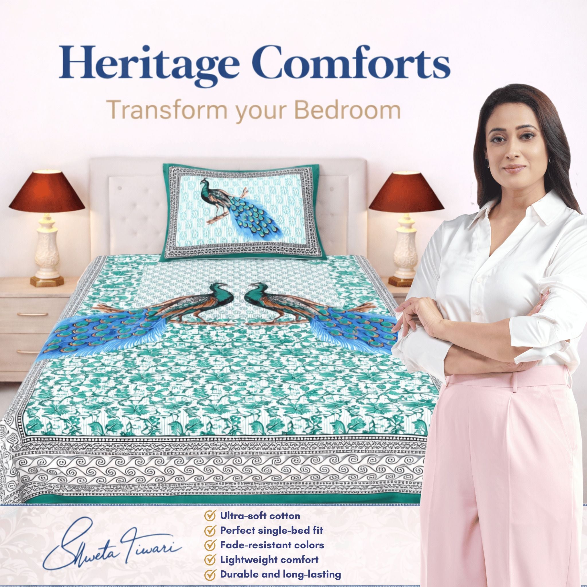Cotton 144 TC Printed Single Bedsheet with 1 Pillow Cover – Soft & Breathable Flat Bed Sheet (Multicolor)