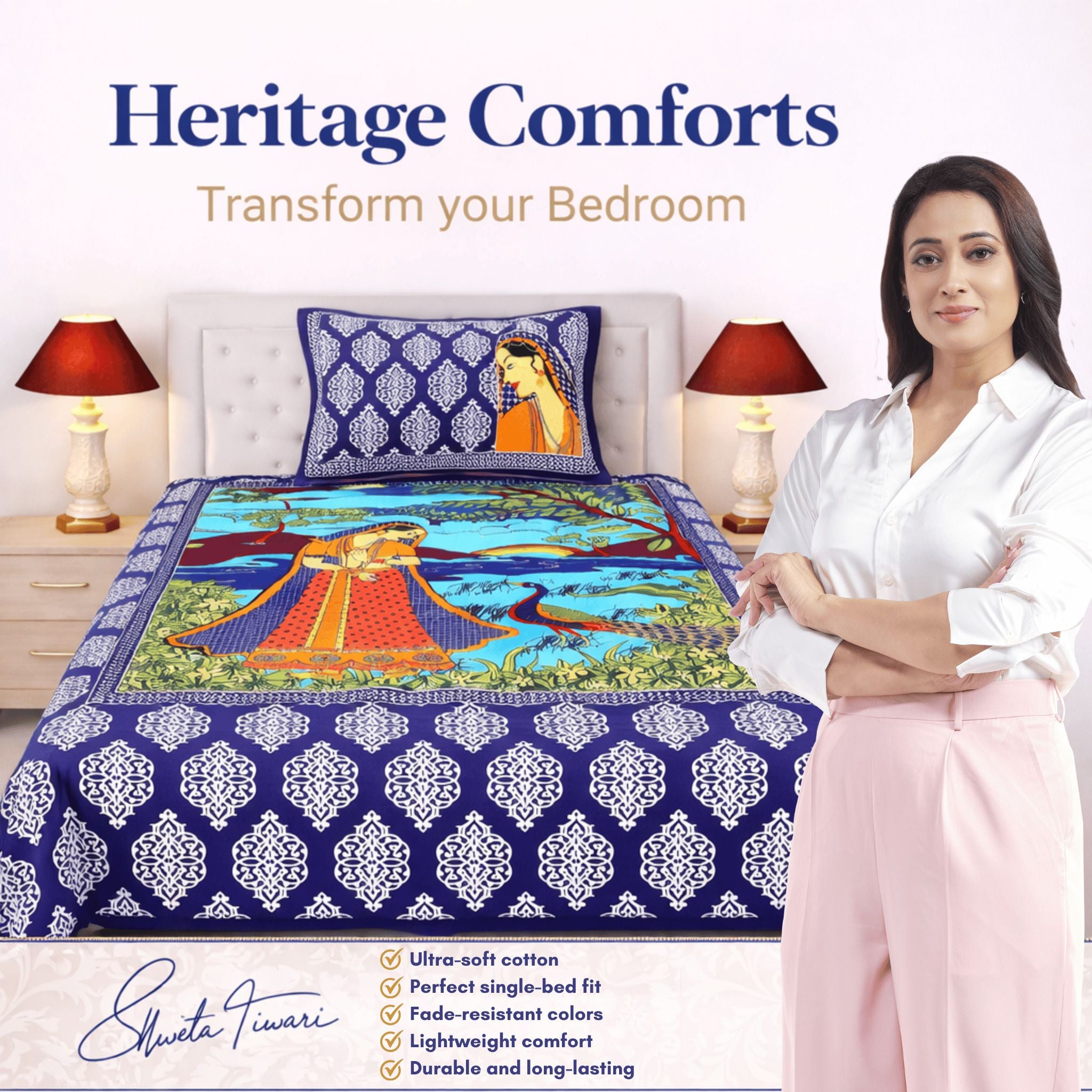 Cotton 144 TC Printed Single Bedsheet with 1 Pillow Cover – Soft & Breathable Flat Bed Sheet (Multicolor)