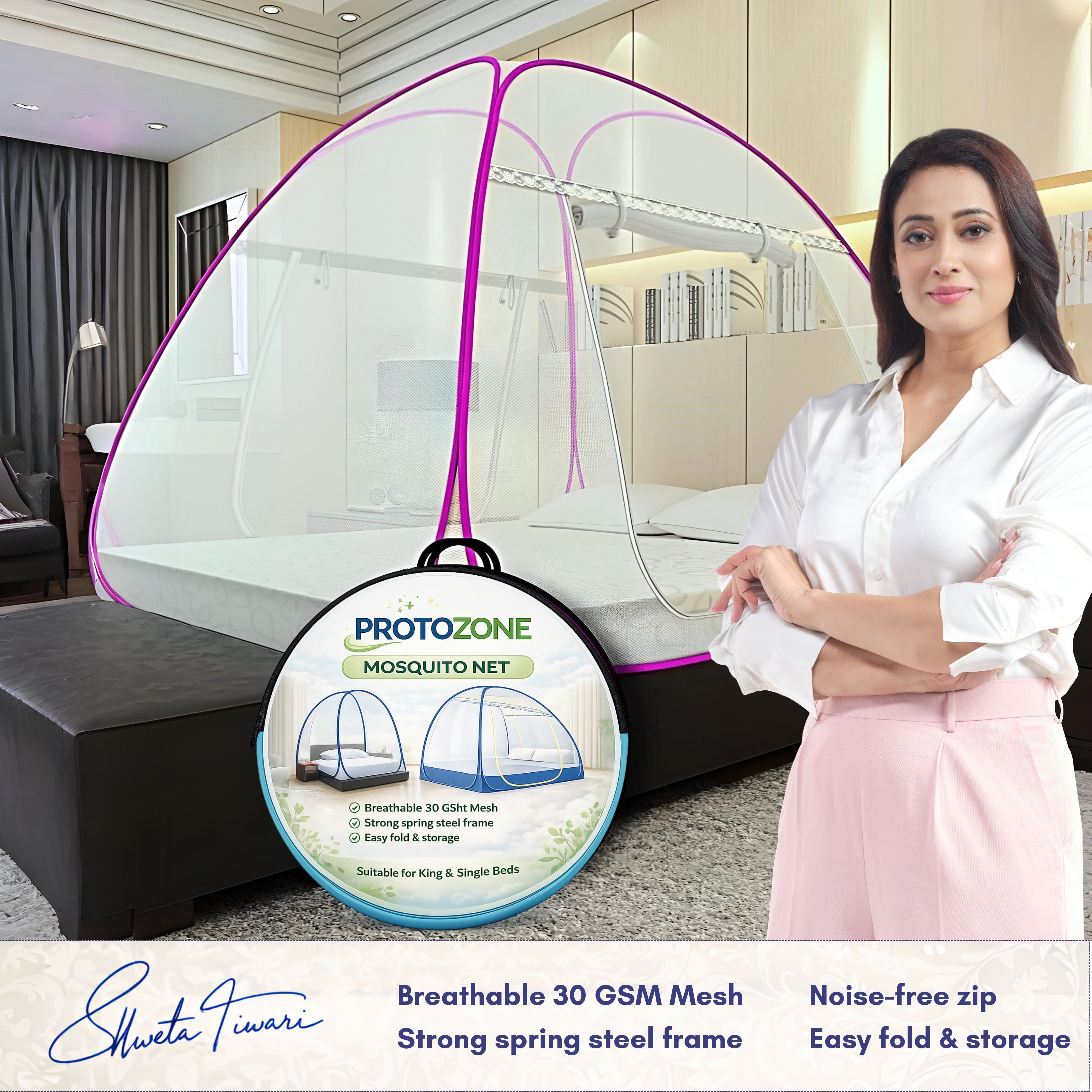 Foldable Mosquito Net for Double/King Size Bed – Fine Mesh Anti Mosquito Net with Zipper Door, Lightweight & Easy to Install (Multicolor)