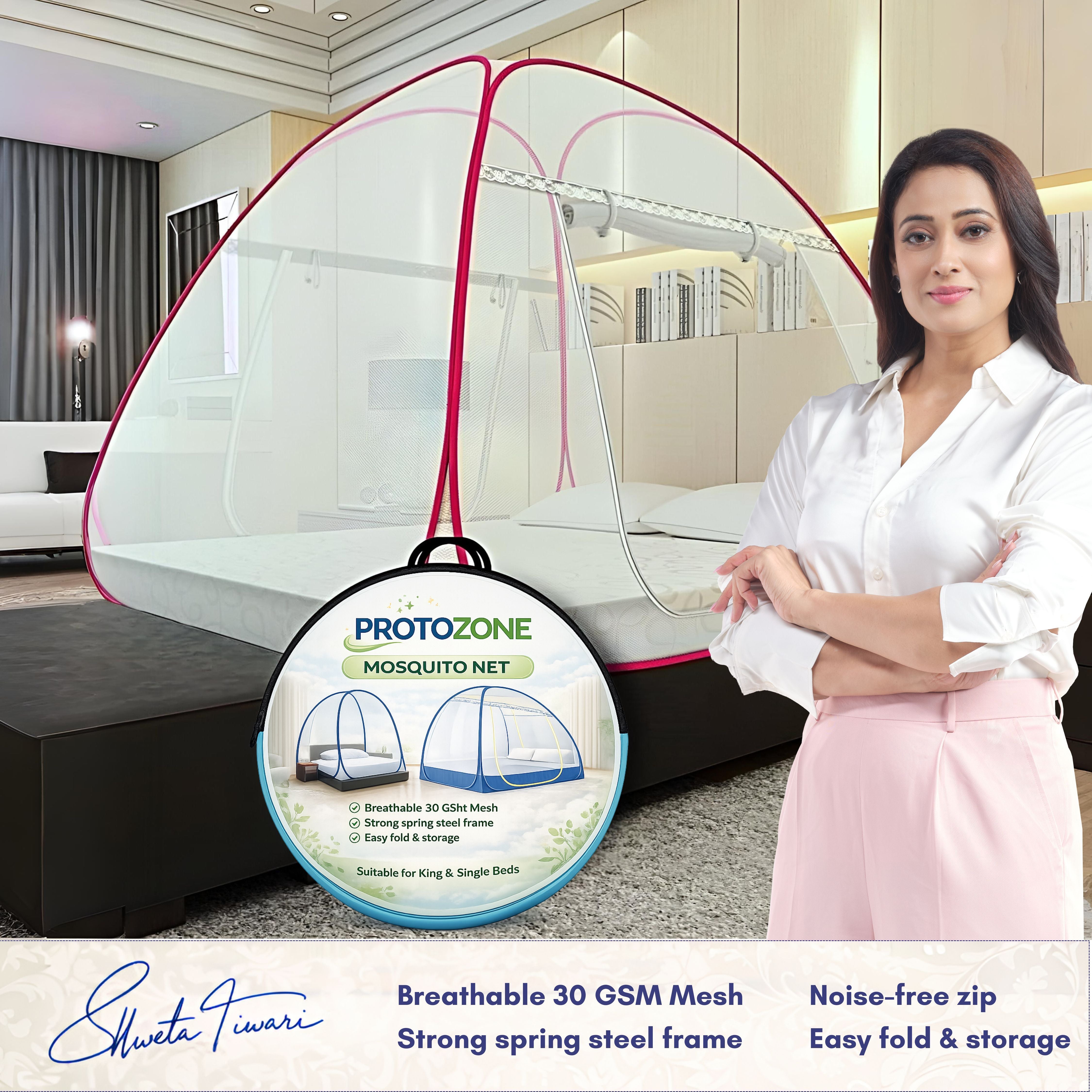 Foldable Mosquito Net for Double/King Size Bed – Fine Mesh Anti Mosquito Net with Zipper Door, Lightweight & Easy to Install (Multicolor)