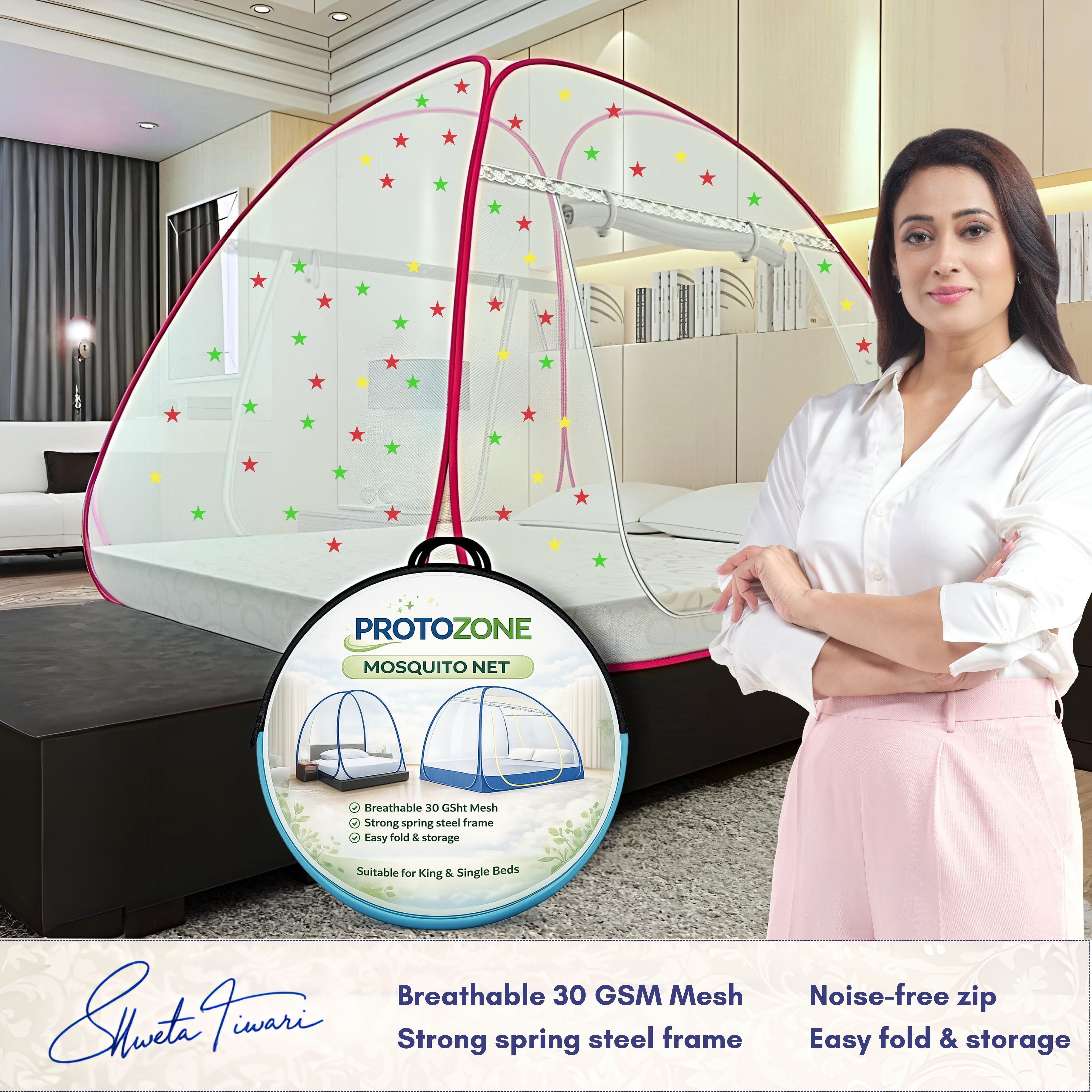 Foldable Mosquito Net for Double/King Size Bed – Fine Mesh Anti Mosquito Net with Zipper Door, Lightweight & Easy to Install (Multicolor)