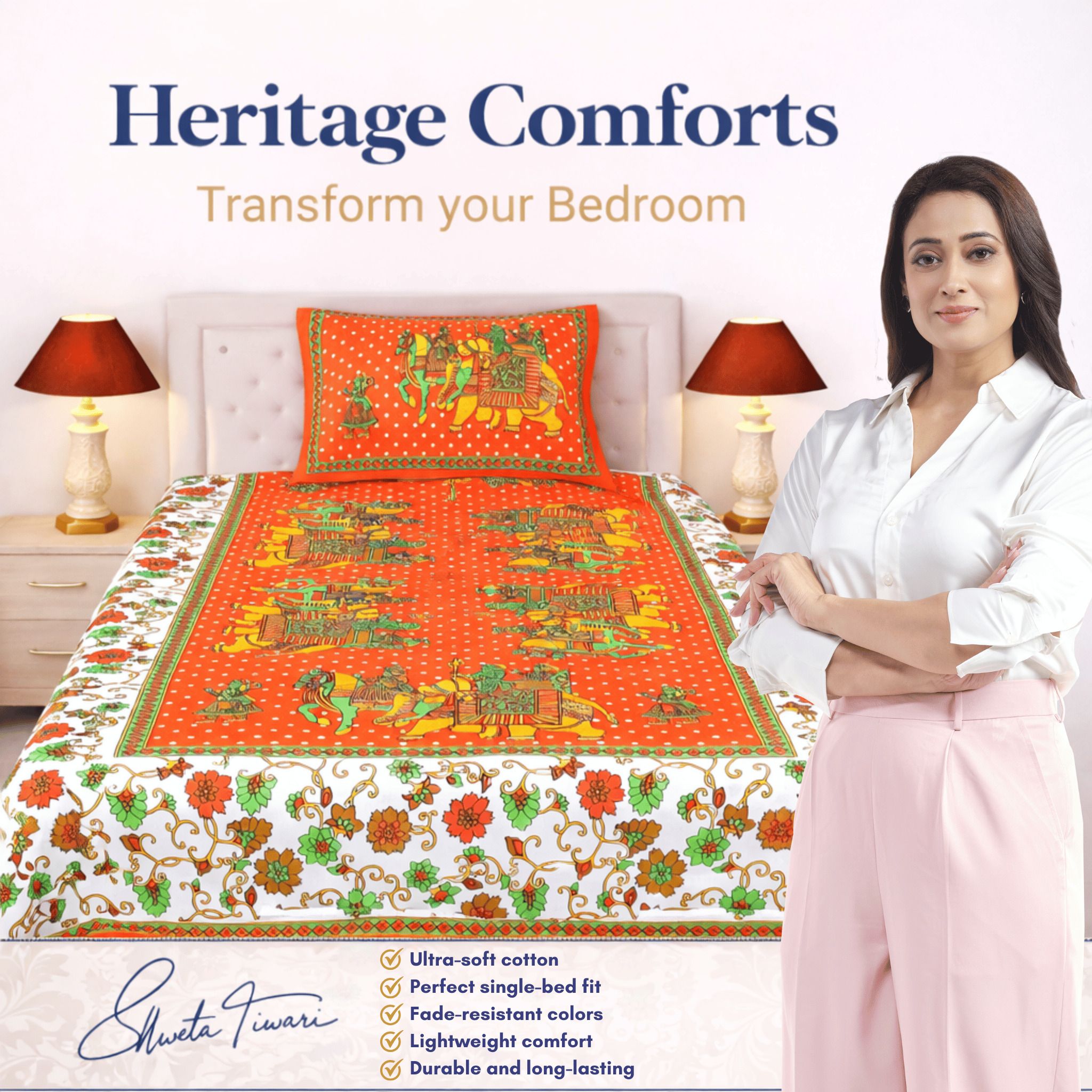 Cotton 144 TC Printed Single Bedsheet with 1 Pillow Cover – Soft & Breathable Flat Bed Sheet (Multicolor)