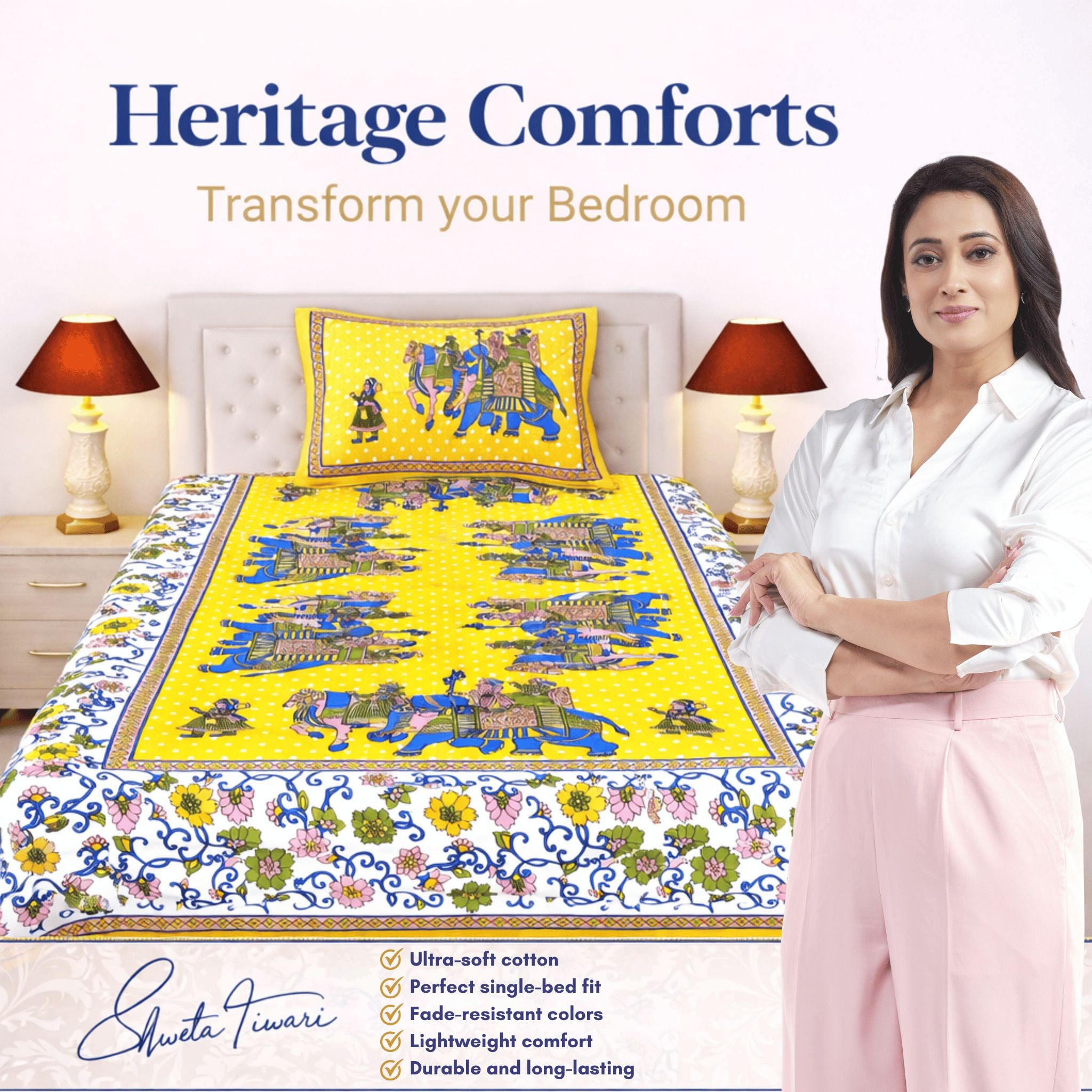 Cotton 144 TC Printed Single Bedsheet with 1 Pillow Cover – Soft & Breathable Flat Bed Sheet (Multicolor)