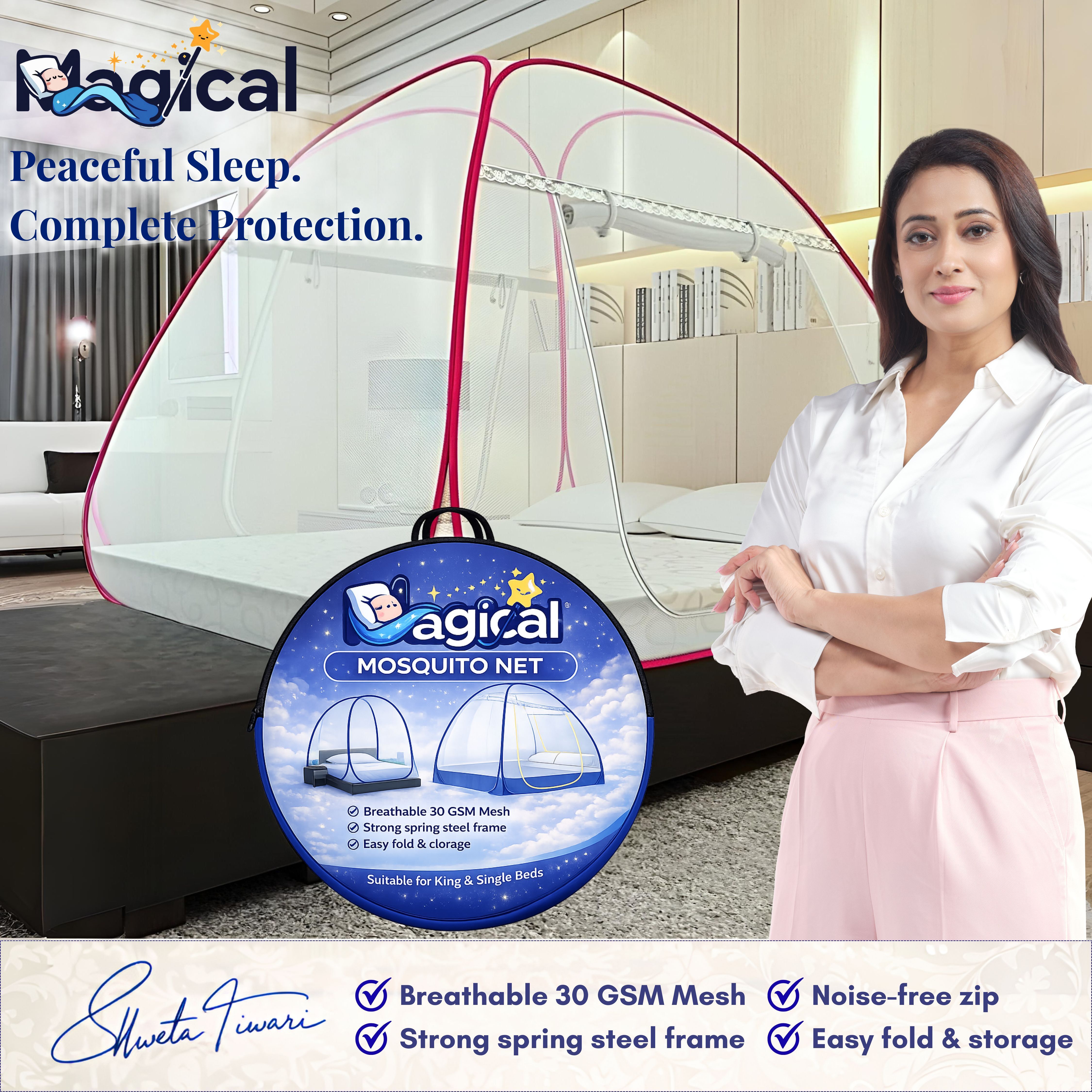 Foldable Mosquito Net for Double/King Size Bed – Fine Mesh Anti Mosquito Net with Zipper Door, Lightweight & Easy to Install (Multicolor)