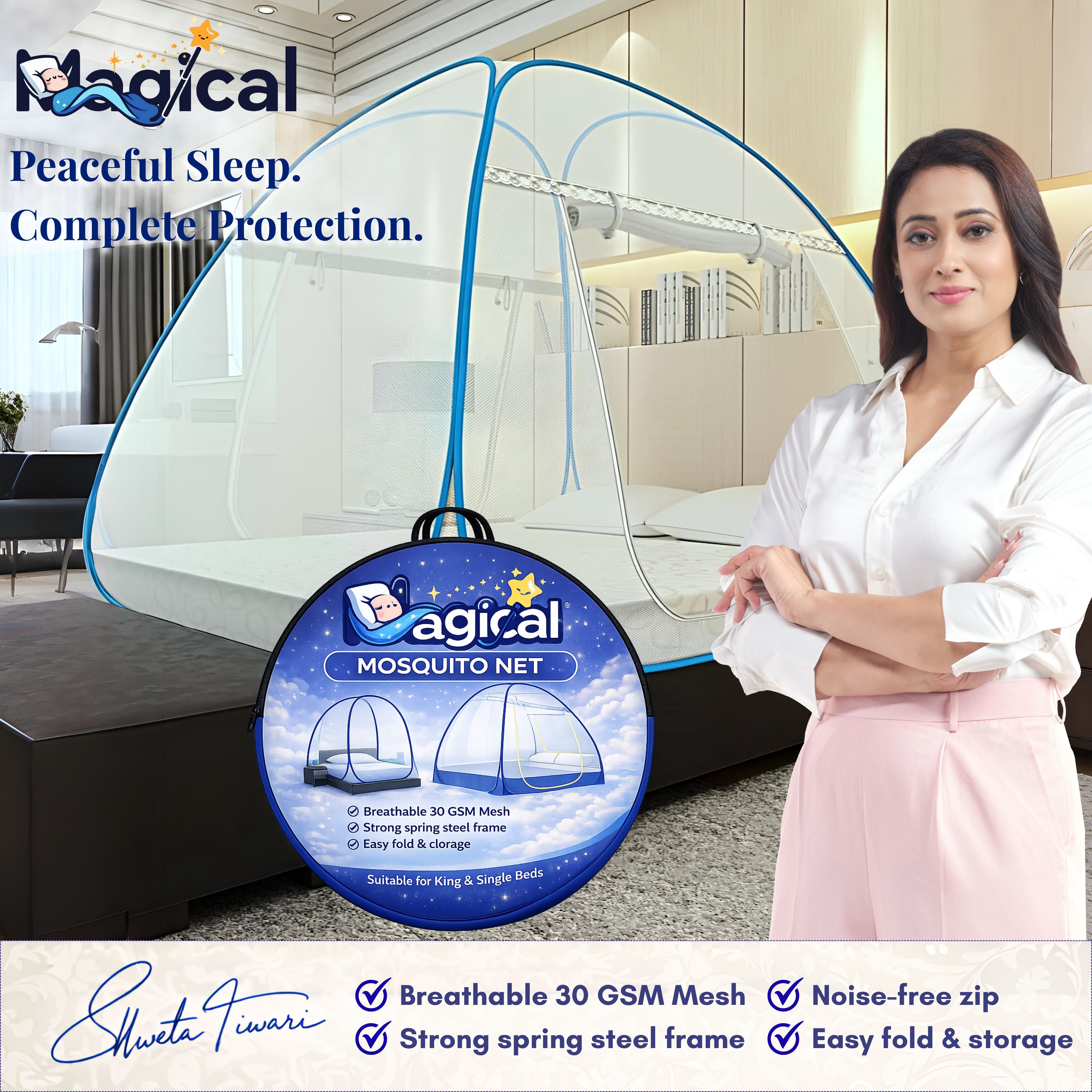 Foldable Mosquito Net for Double/King Size Bed – Fine Mesh Anti Mosquito Net with Zipper Door, Lightweight & Easy to Install (Multicolor)