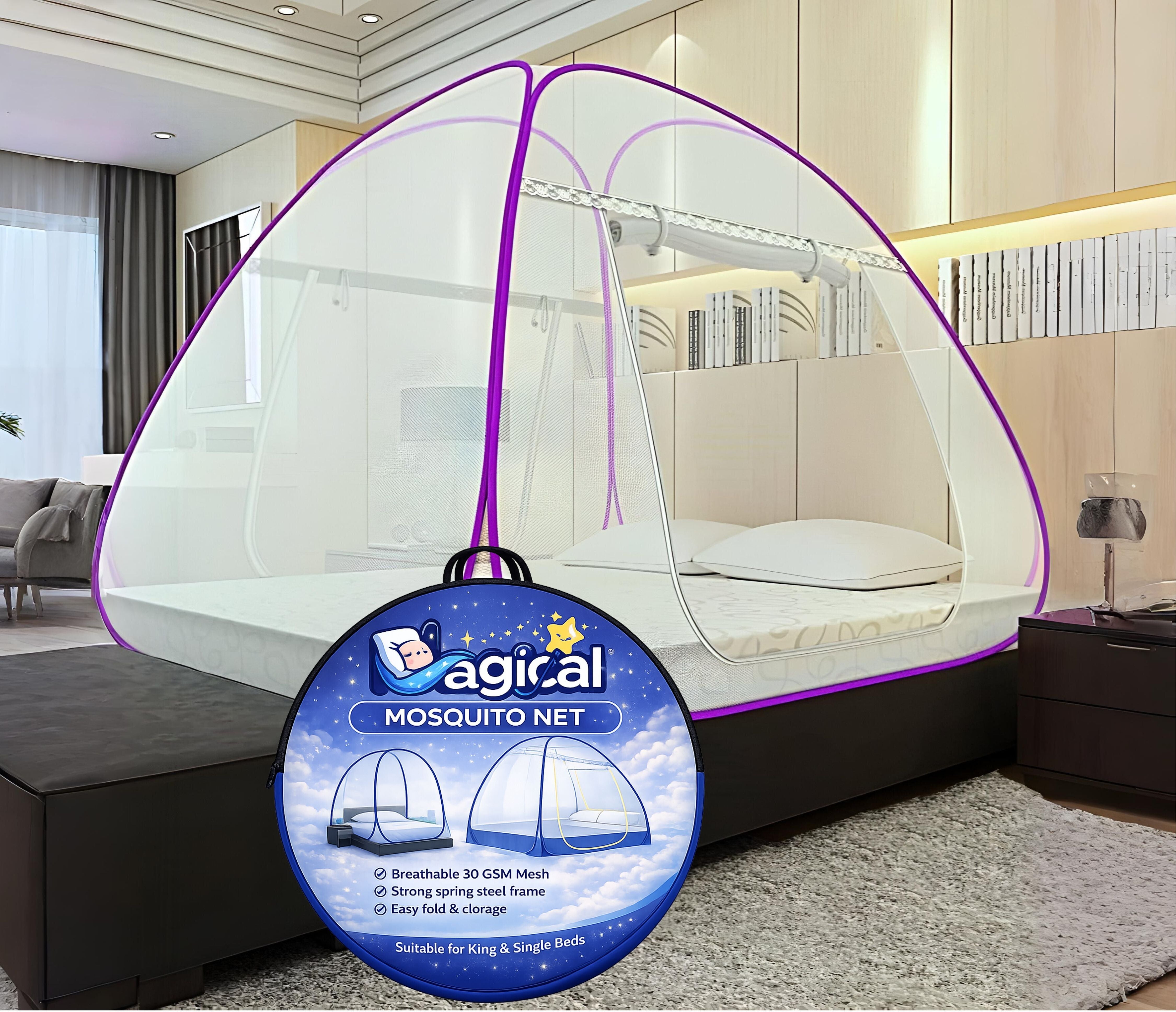 Foldable Mosquito Net for Double/King Size Bed – Fine Mesh Anti Mosquito Net with Zipper Door, Lightweight & Easy to Install (Multicolor)