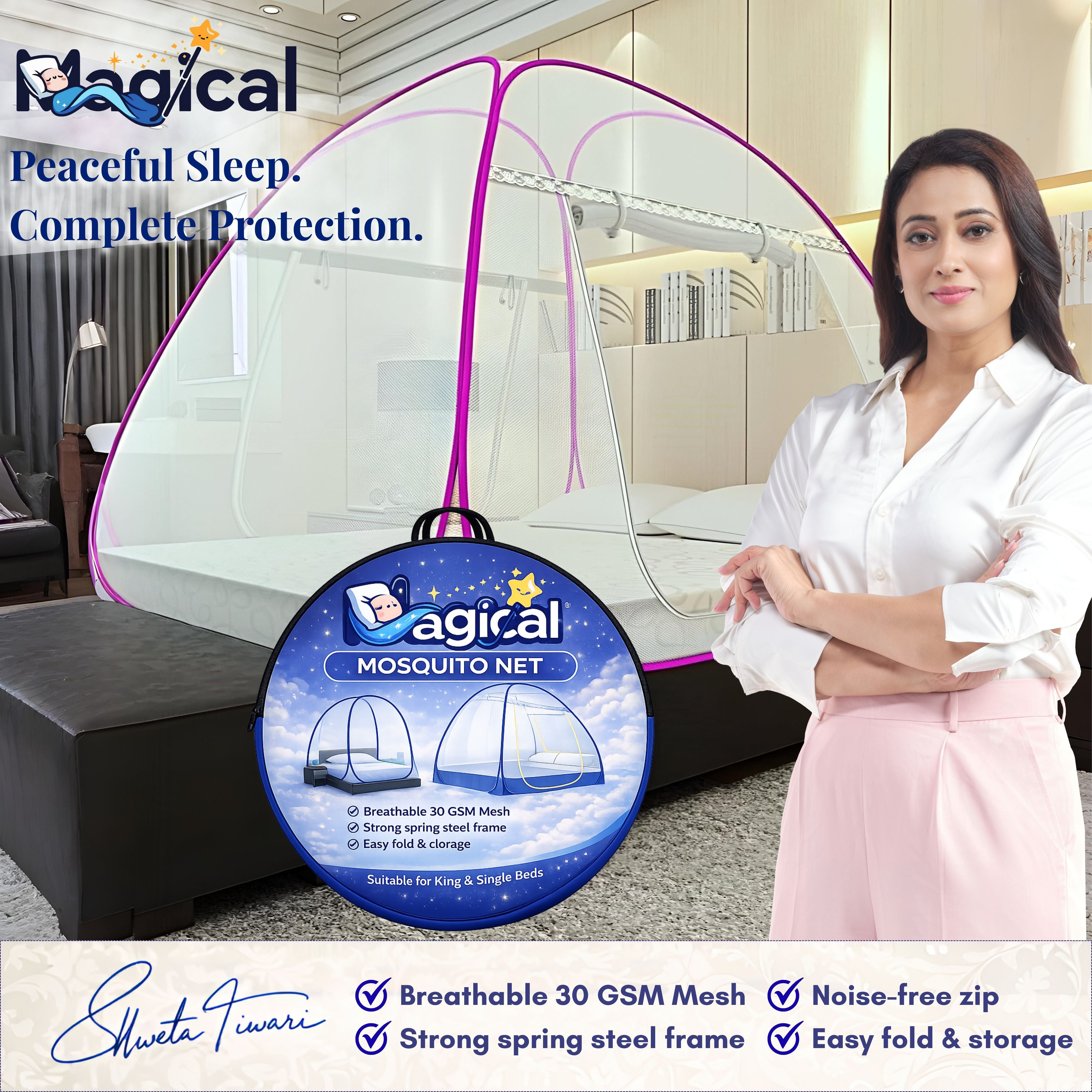 Foldable Mosquito Net for Double/King Size Bed – Fine Mesh Anti Mosquito Net with Zipper Door, Lightweight & Easy to Install (Multicolor)