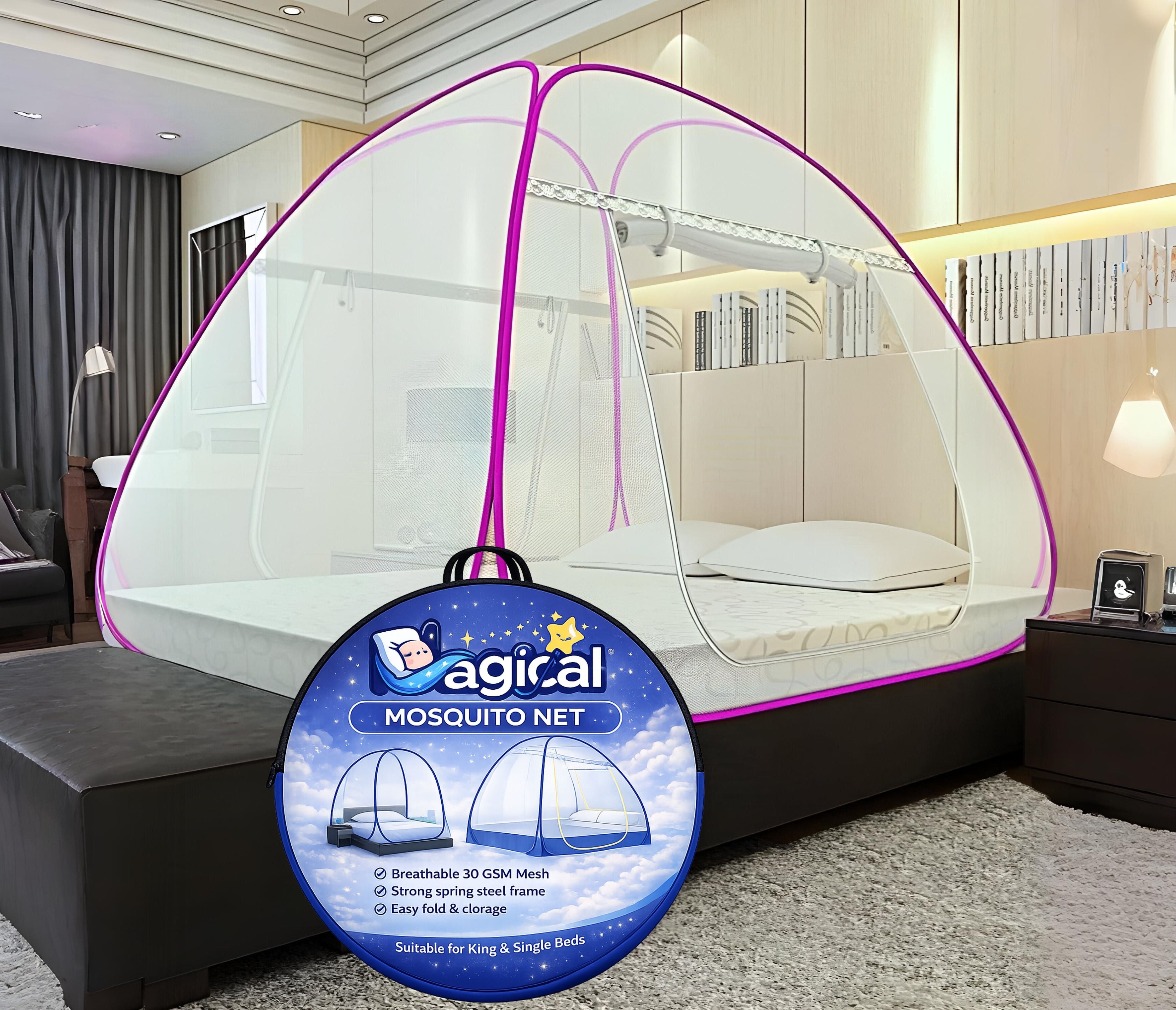 Foldable Mosquito Net for Double/King Size Bed – Fine Mesh Anti Mosquito Net with Zipper Door, Lightweight & Easy to Install (Multicolor)