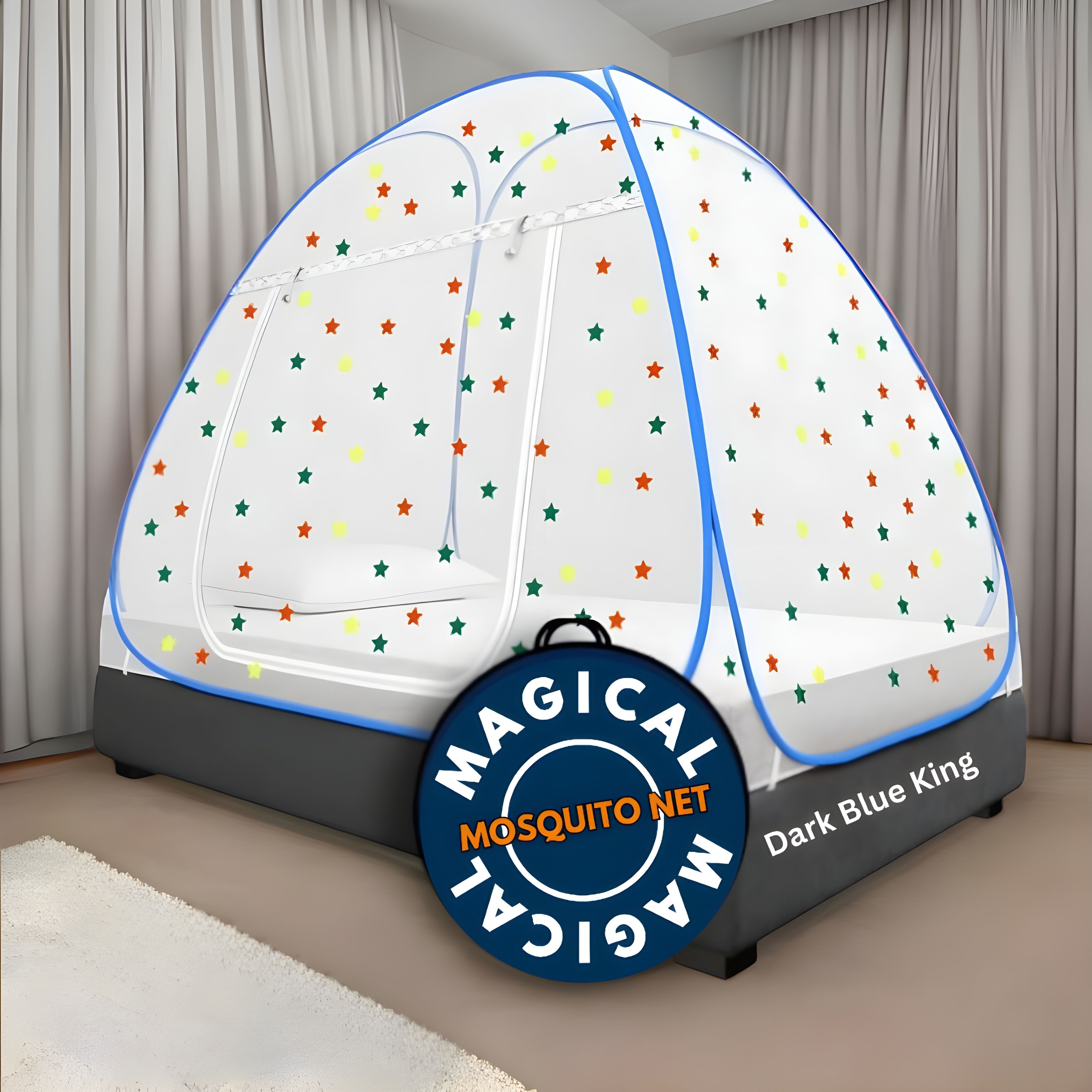 Foldable Mosquito Net for Double/King Size Bed – Fine Mesh Anti Mosquito Net with Zipper Door, Lightweight & Easy to Install (Multicolor)