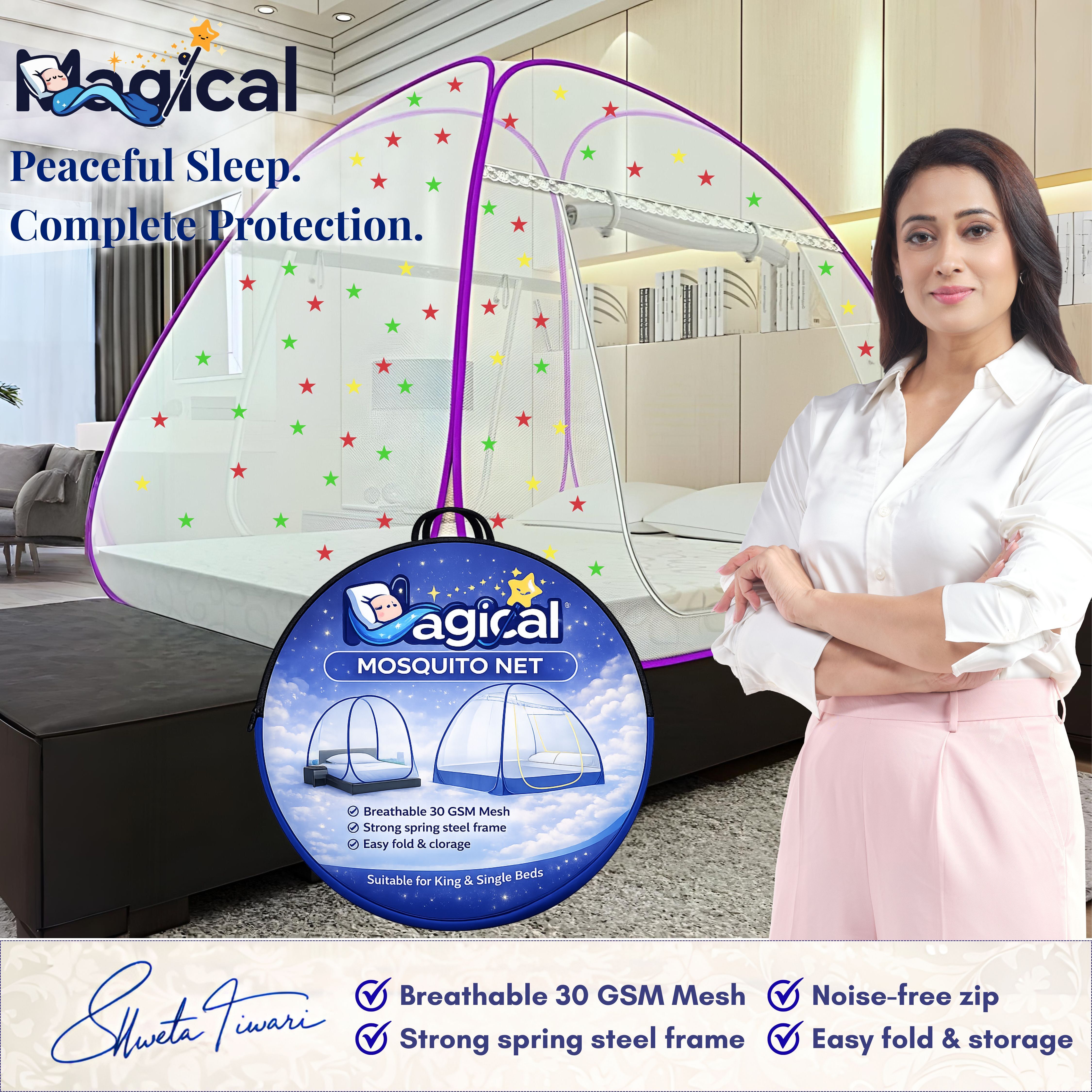 Foldable Mosquito Net for Double/King Size Bed – Fine Mesh Anti Mosquito Net with Zipper Door, Lightweight & Easy to Install (Multicolor)