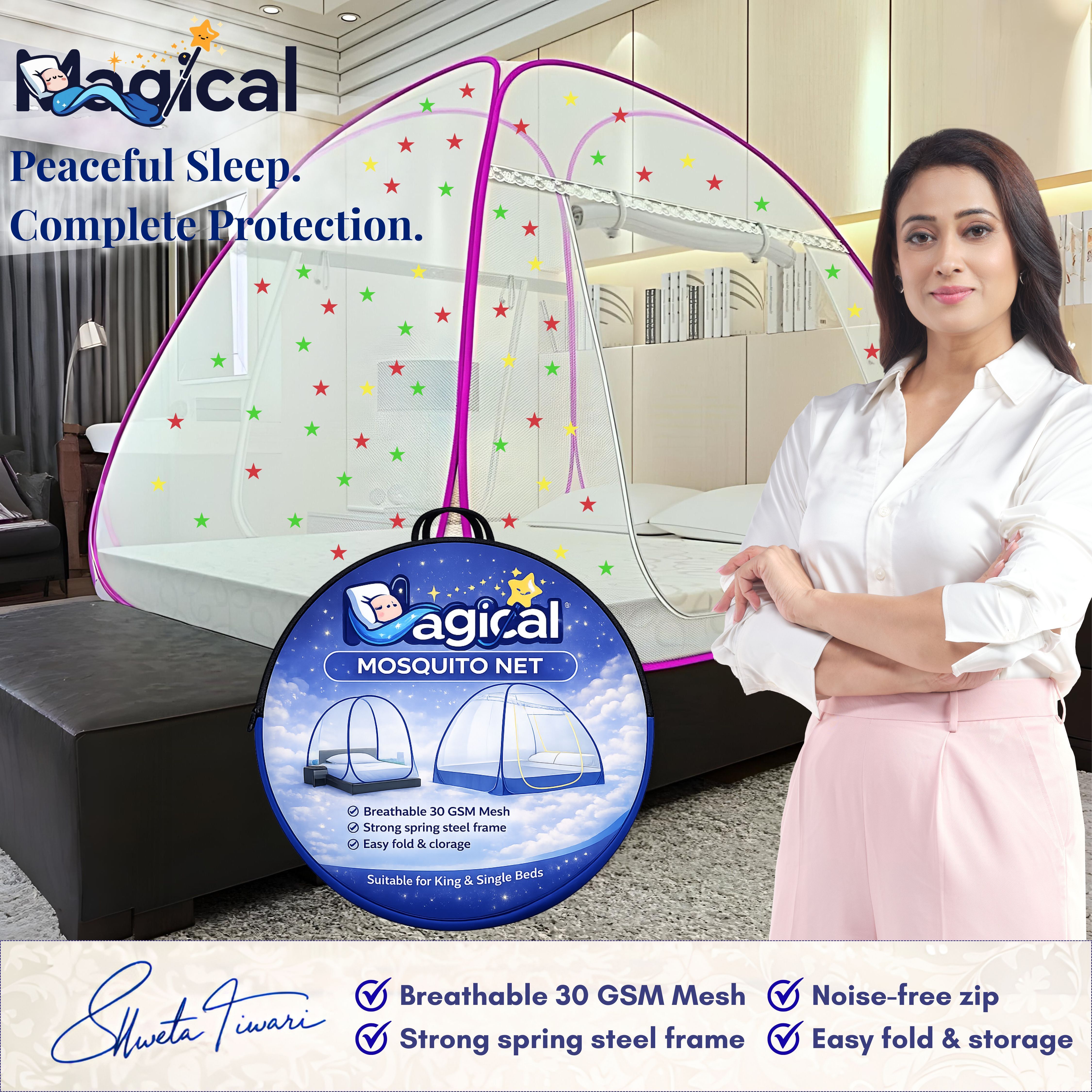 Foldable Mosquito Net for Double/King Size Bed – Fine Mesh Anti Mosquito Net with Zipper Door, Lightweight & Easy to Install (Multicolor)