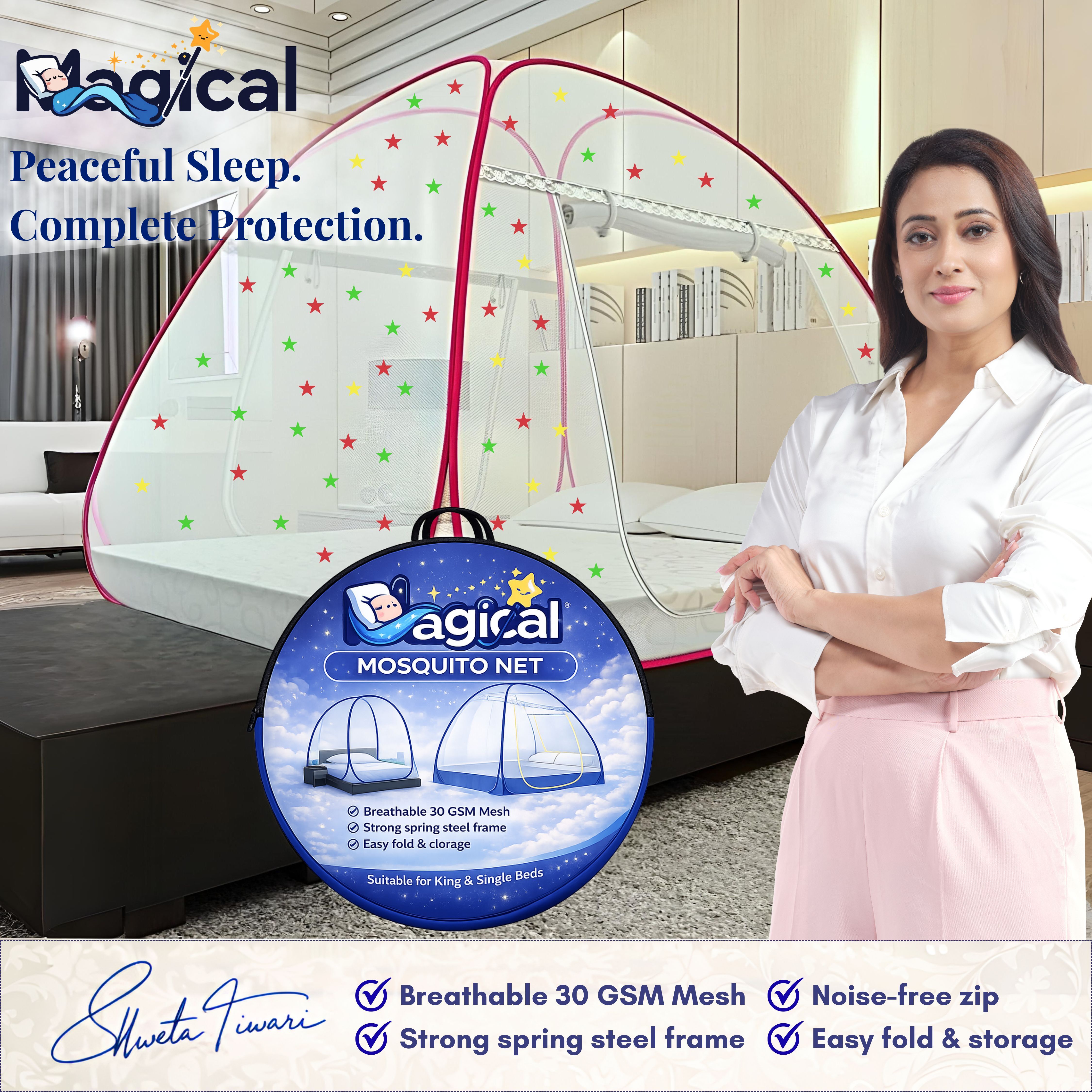 Foldable Mosquito Net for Double/King Size Bed – Fine Mesh Anti Mosquito Net with Zipper Door, Lightweight & Easy to Install (Multicolor)