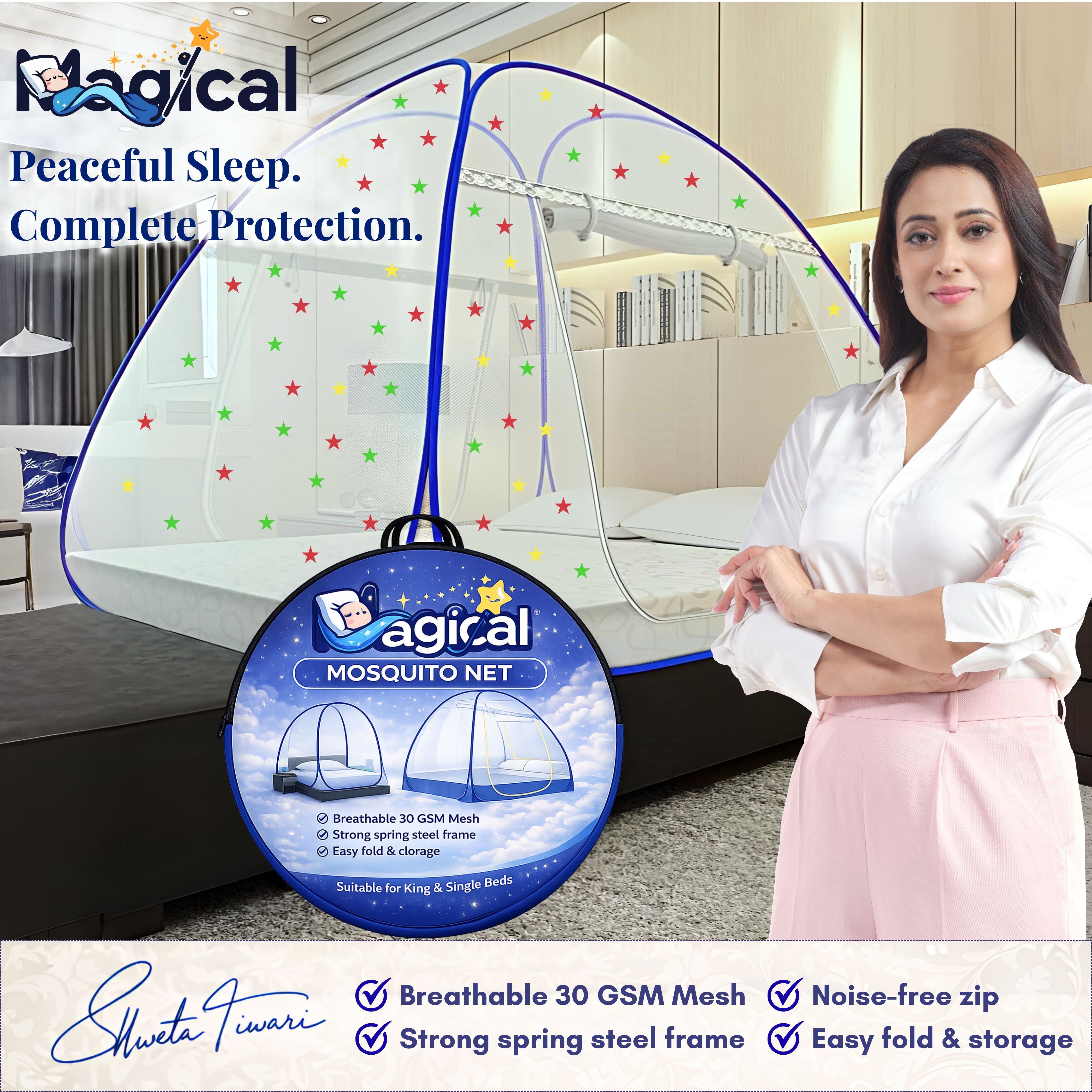 Foldable Mosquito Net for Double/King Size Bed – Fine Mesh Anti Mosquito Net with Zipper Door, Lightweight & Easy to Install (Multicolor)