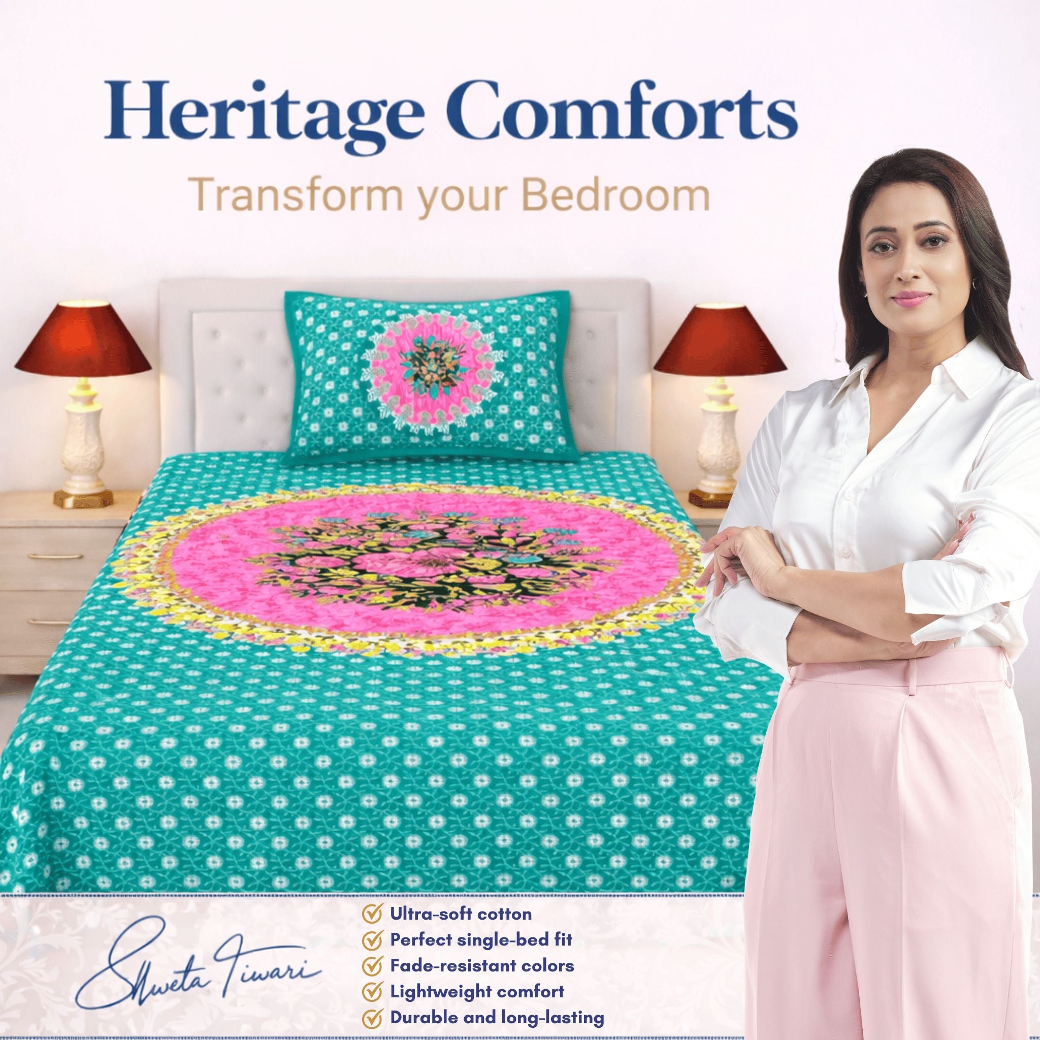 Cotton 144 TC Printed Single Bedsheet with 1 Pillow Cover – Soft & Breathable Flat Bed Sheet (Multicolor)