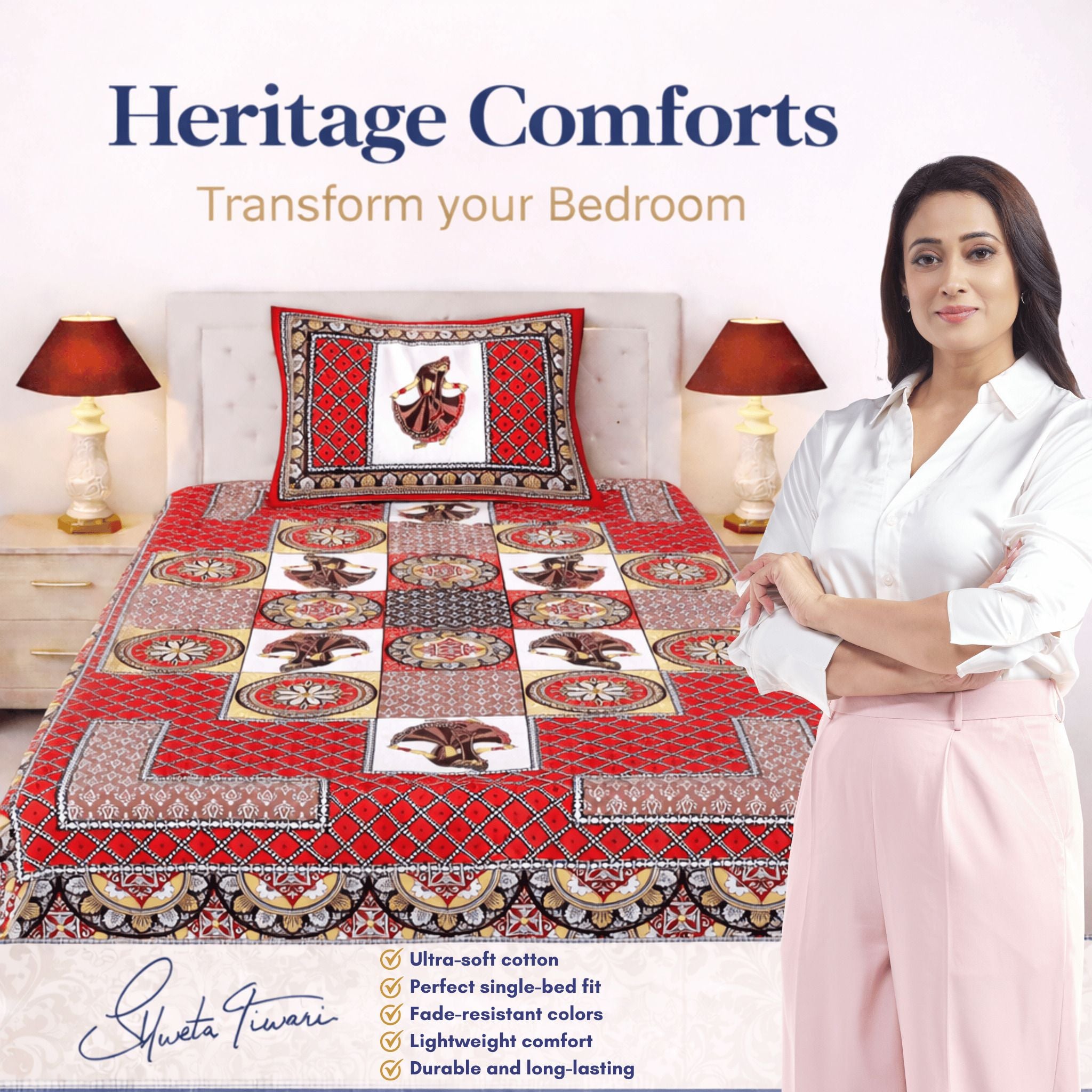 Cotton 144 TC Printed Single Bedsheet with 1 Pillow Cover – Soft & Breathable Flat Bed Sheet (Multicolor)