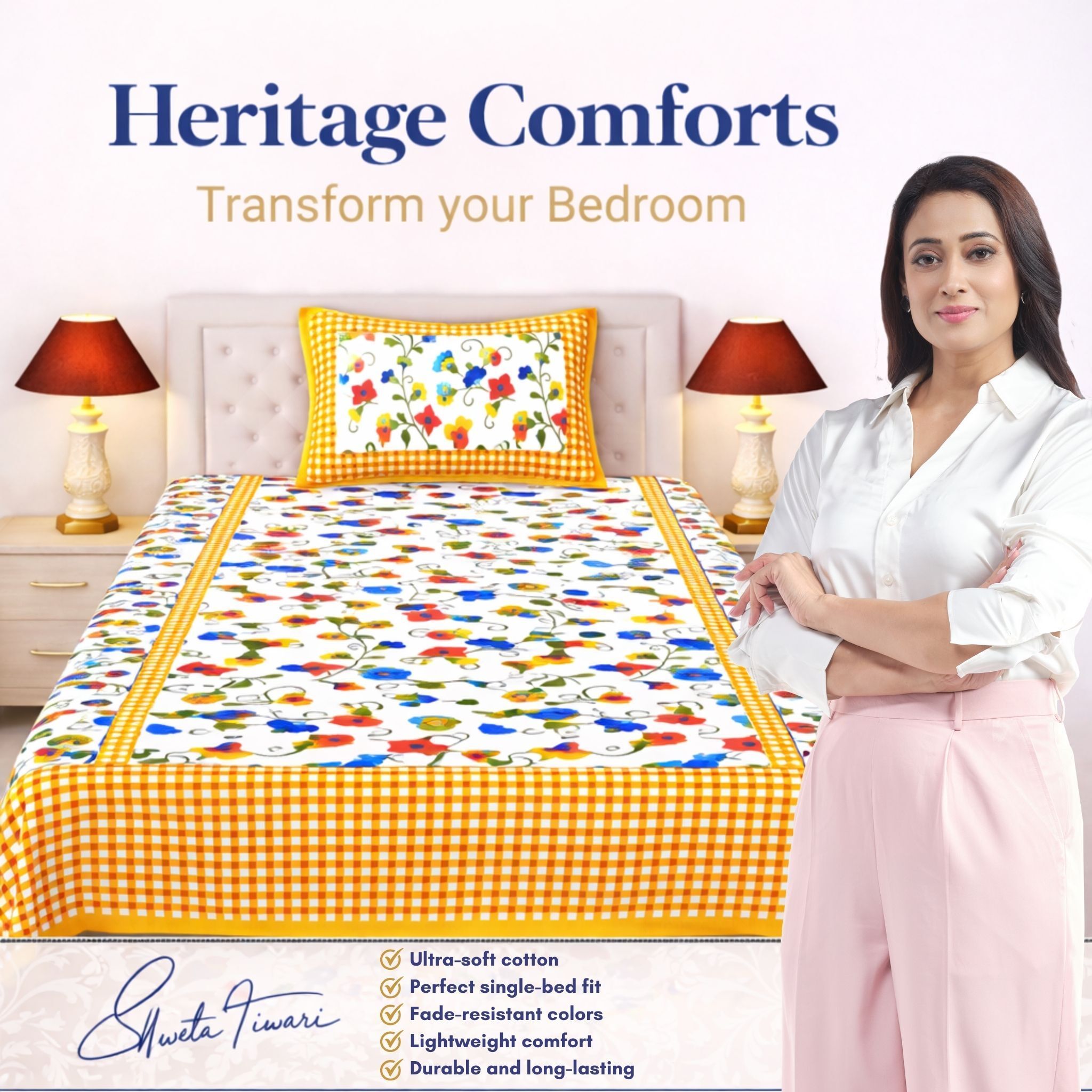Cotton 144 TC Printed Single Bedsheet with 1 Pillow Cover – Soft & Breathable Flat Bed Sheet (Multicolor)