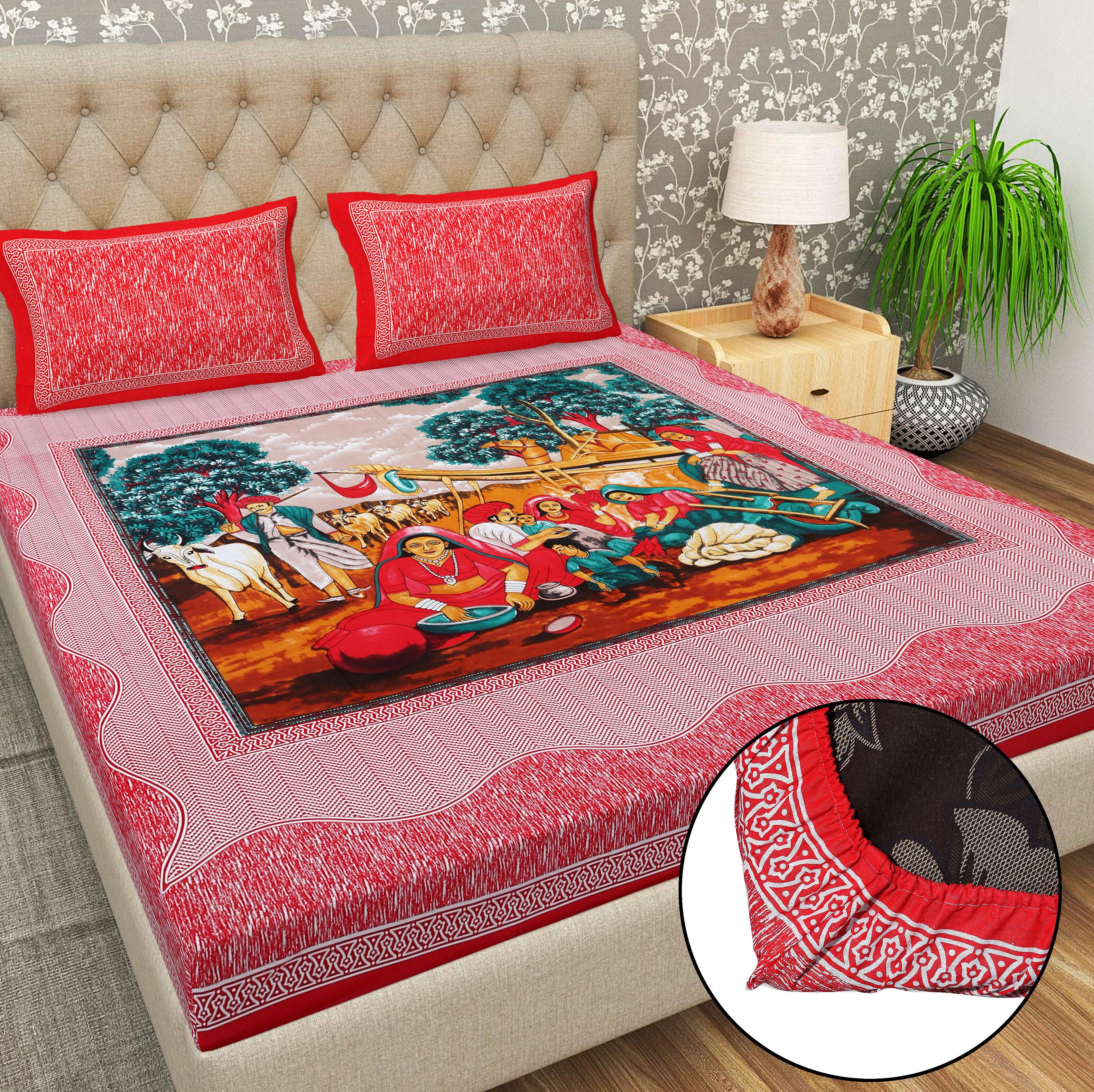 Cotton 144 TC Printed Double Bedsheet with 2 Pillow Covers – Soft & Breathable Flat Bed Sheet (Multicolor)