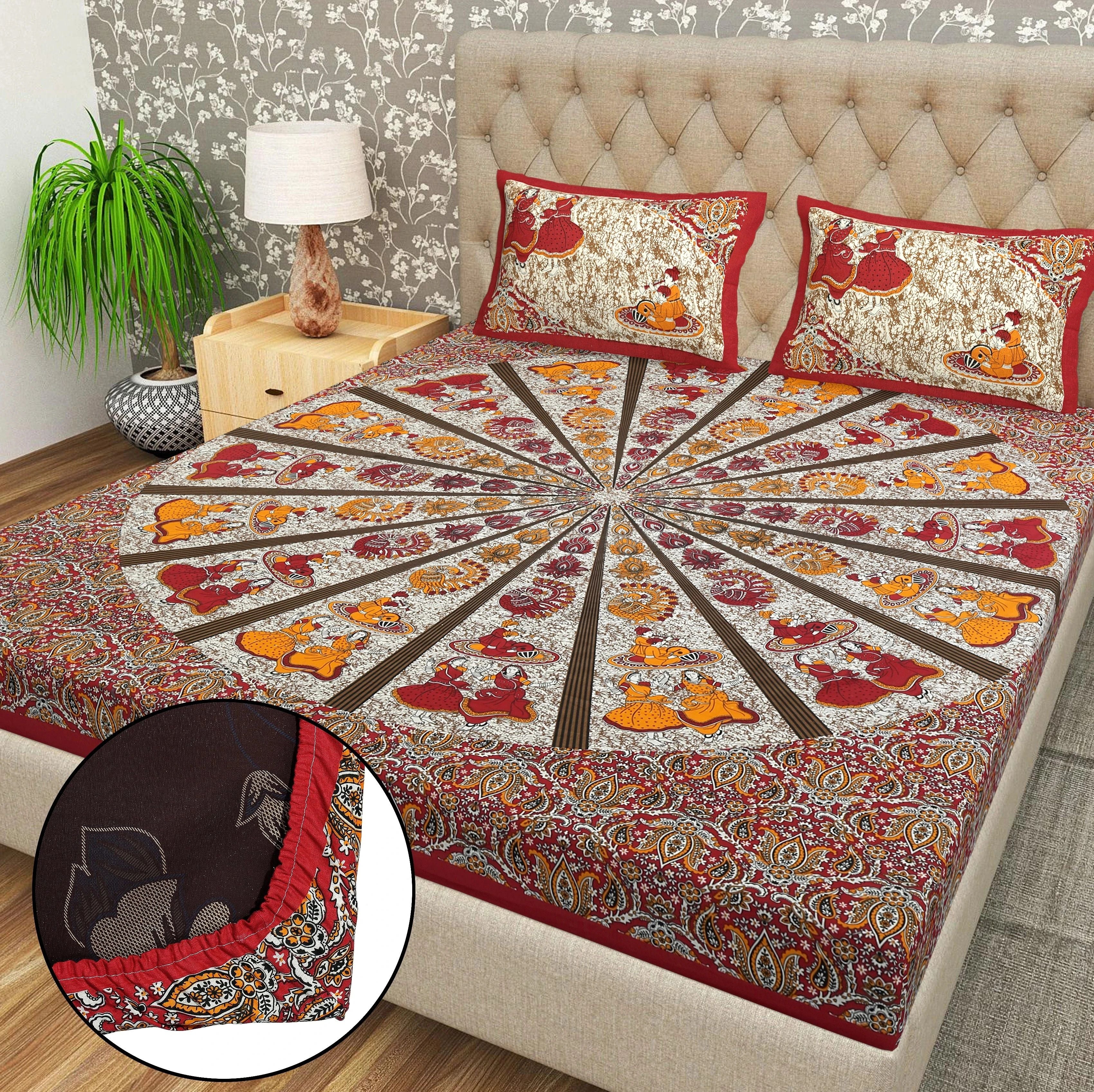 Cotton 144 TC Printed Double Bedsheet with 2 Pillow Covers – Soft & Breathable Flat Bed Sheet (Multicolor)